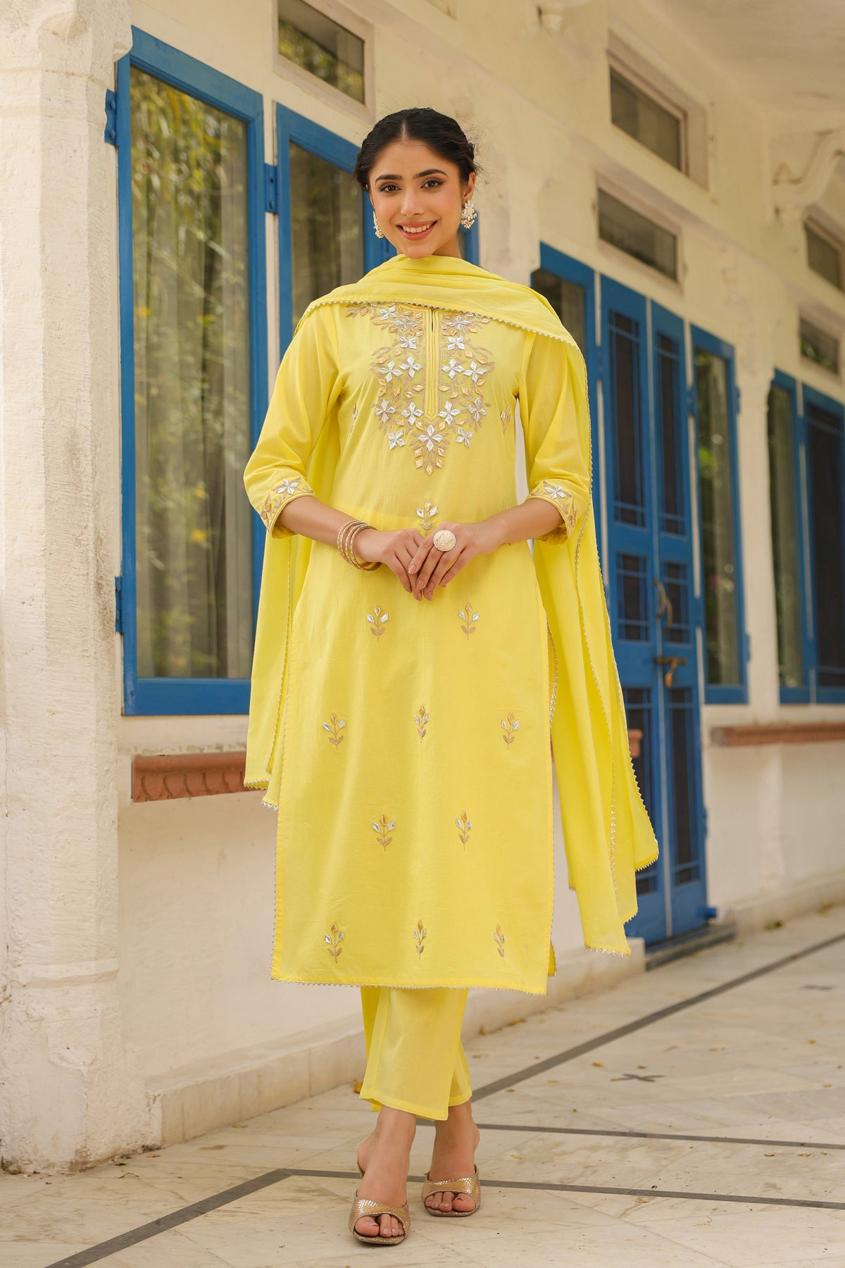 Yellow Cotton Cambric Gota Patti Embroidered Straight Suit Set
