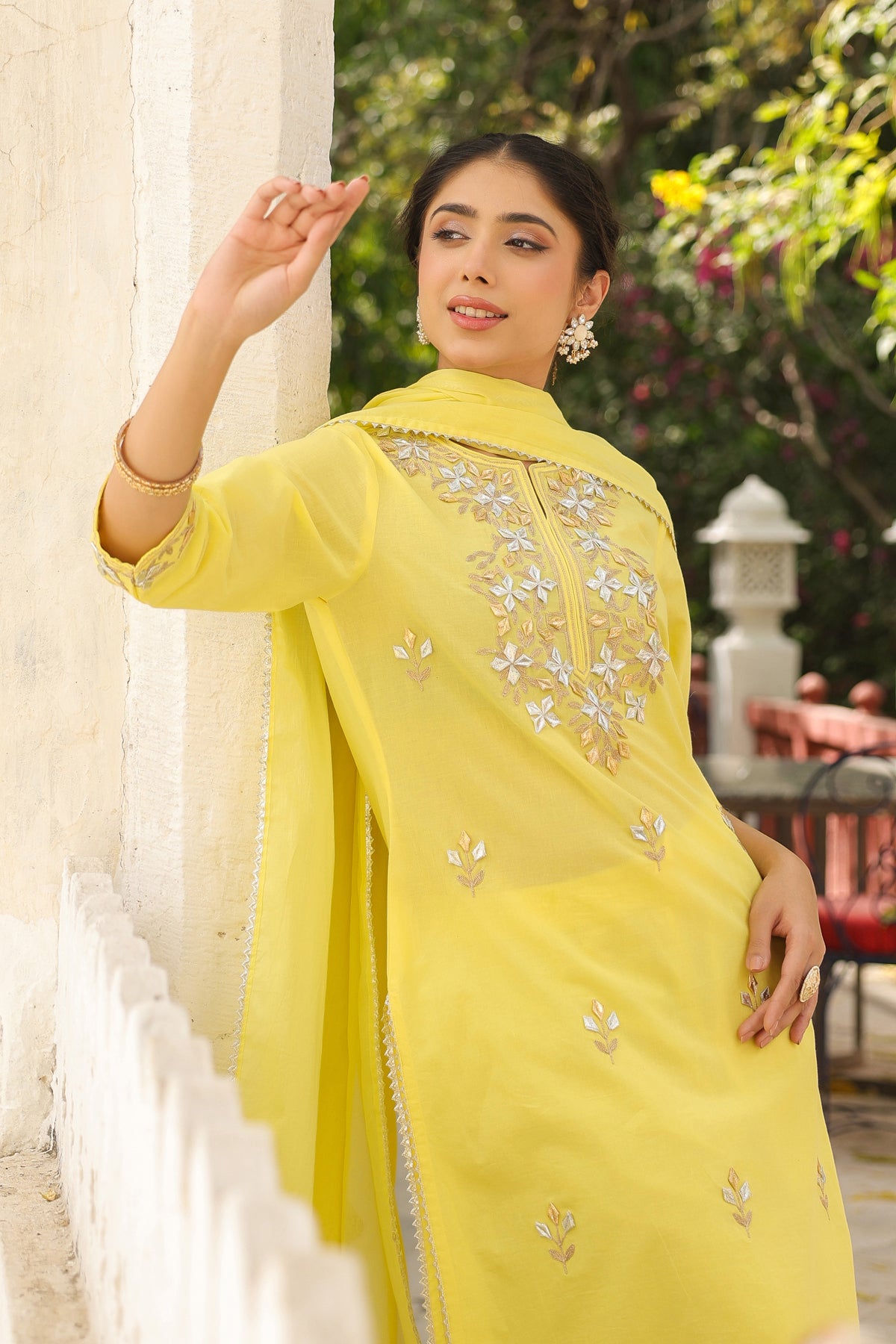 Yellow Cotton Cambric Gota Patti Embroidered Straight Suit Set