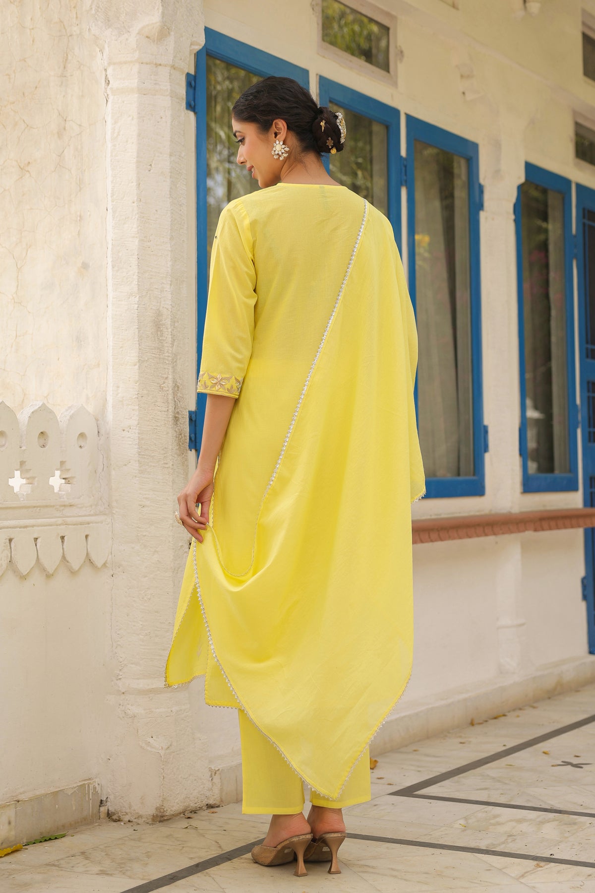 Yellow Cotton Cambric Gota Patti Embroidered Straight Suit Set