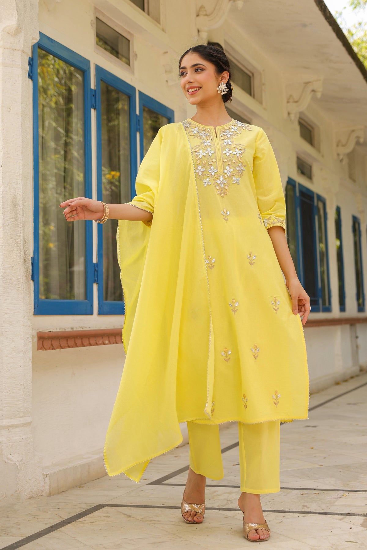 Yellow Cotton Cambric Gota Patti Embroidered Straight Suit Set