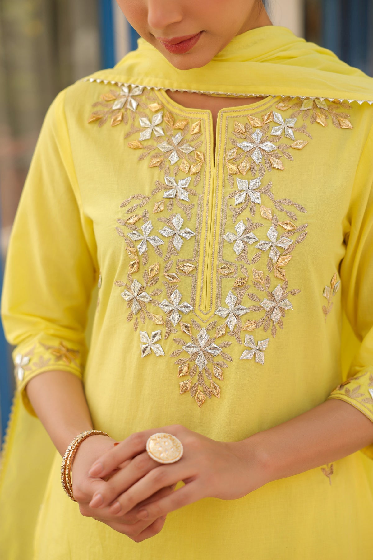 Yellow Cotton Cambric Gota Patti Embroidered Straight Suit Set
