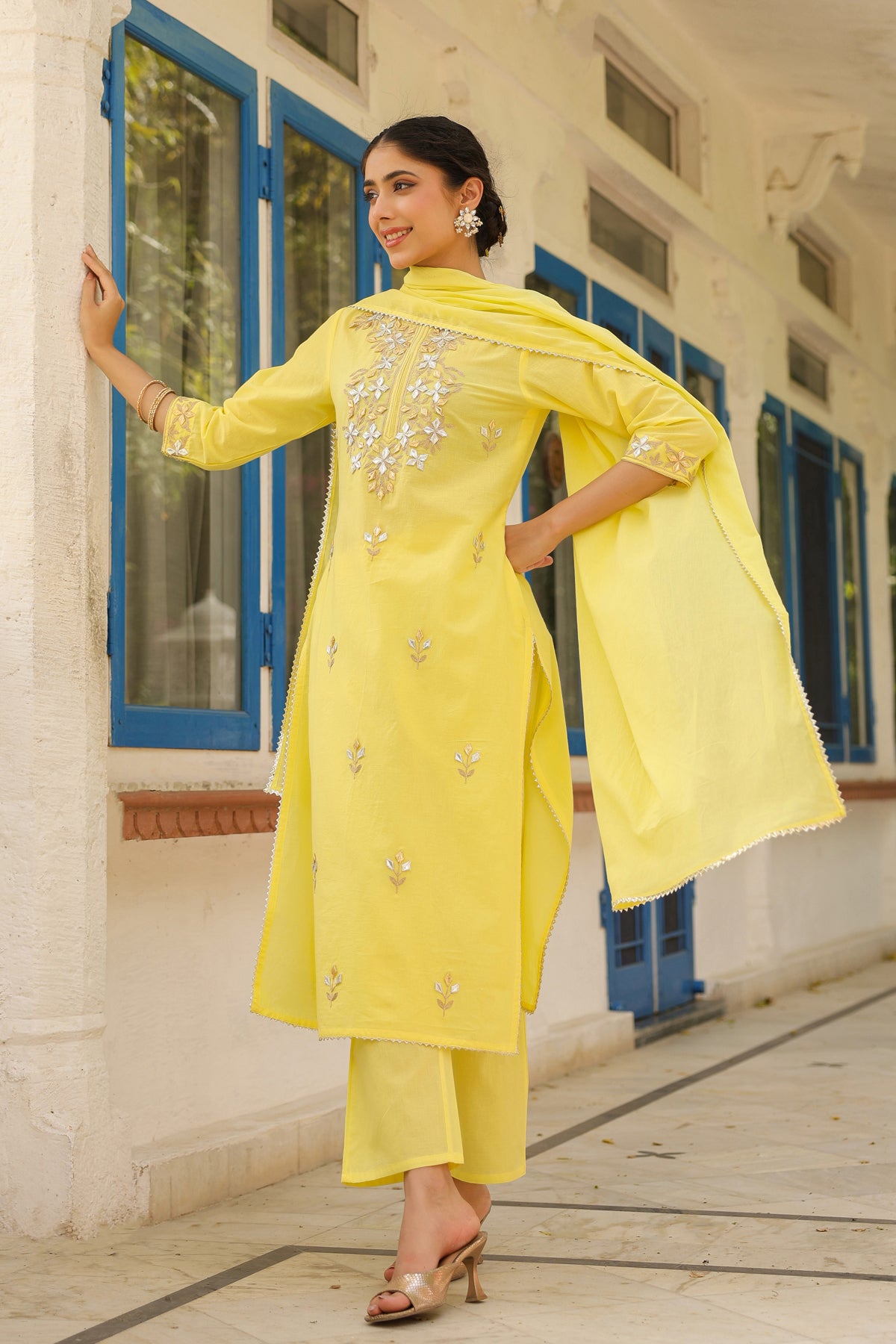 Yellow Cotton Cambric Gota Patti Embroidered Straight Suit Set