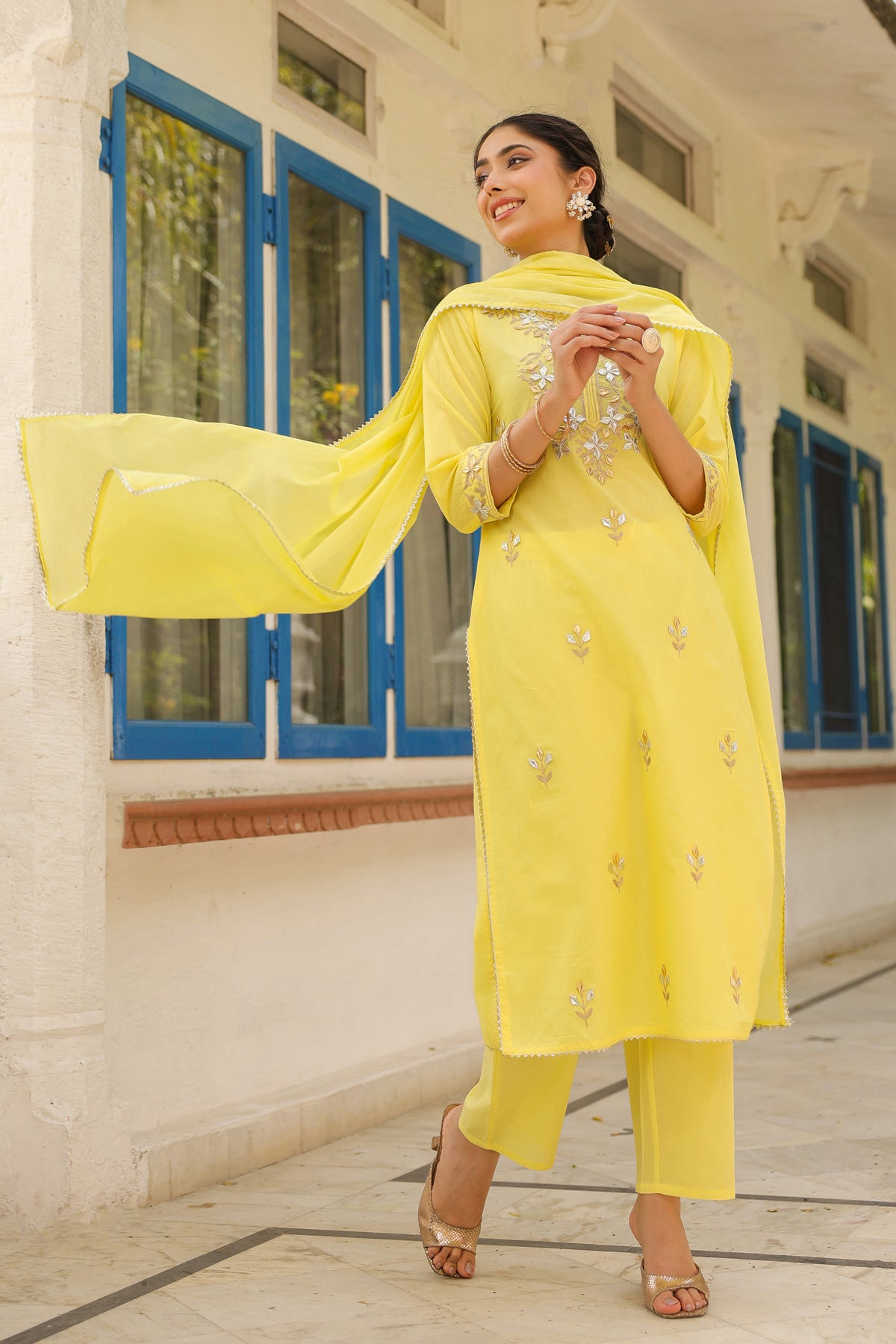 Yellow Cotton Cambric Gota Patti Embroidered Straight Suit Set