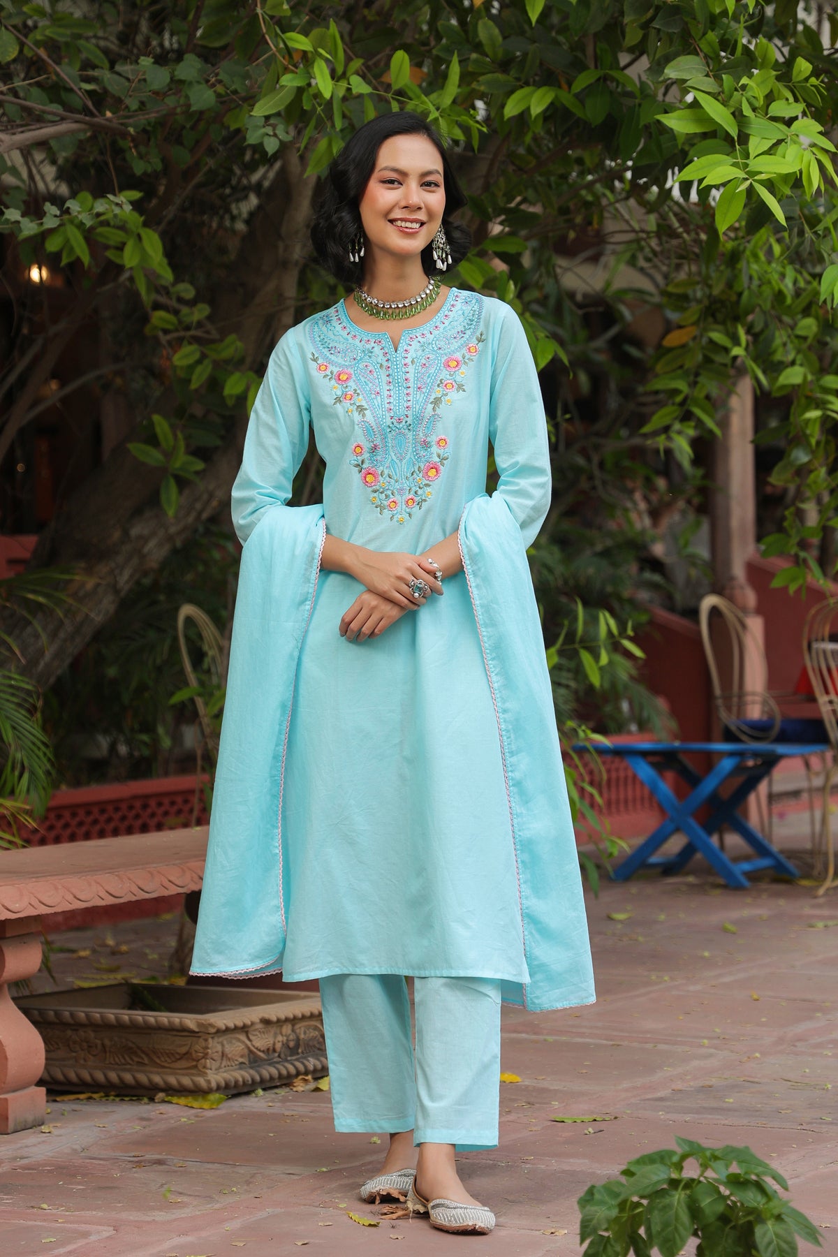 Aqua Cotton Cambric Multi-Embroidered Straight Suit Set