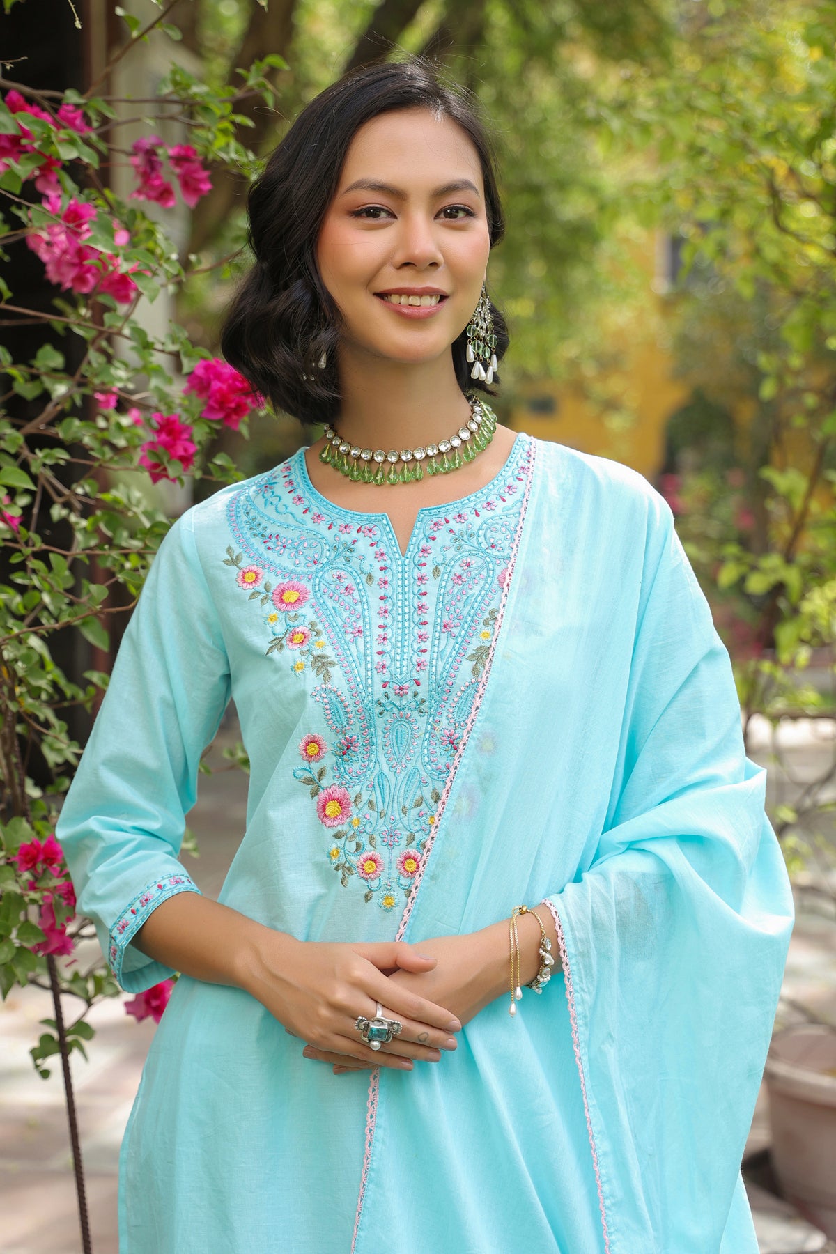 Aqua Cotton Cambric Multi-Embroidered Straight Suit Set