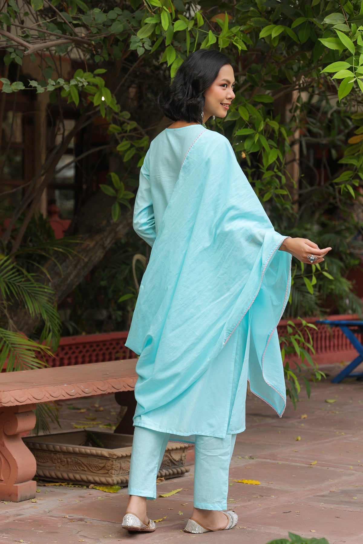 Aqua Cotton Cambric Multi-Embroidered Straight Suit Set