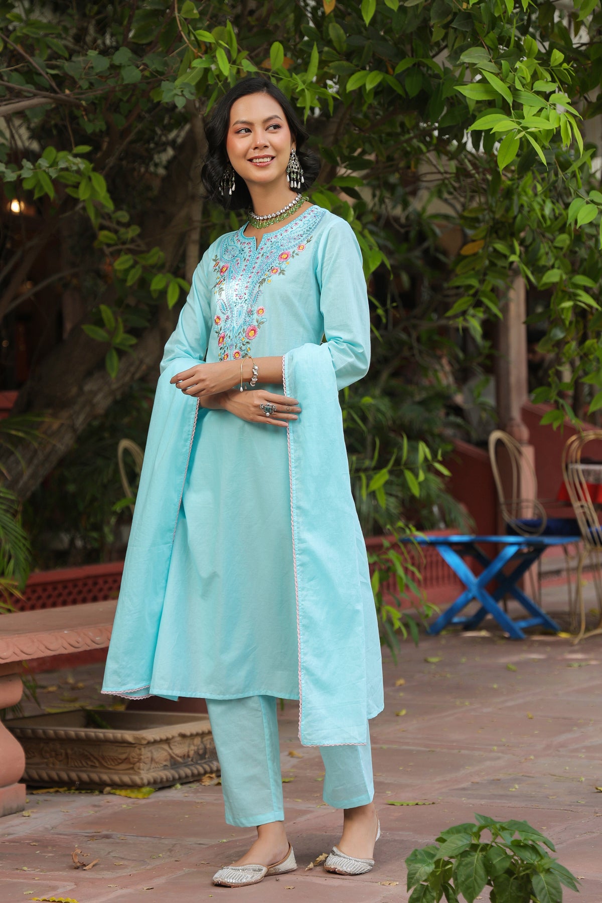 Aqua Cotton Cambric Multi-Embroidered Straight Suit Set