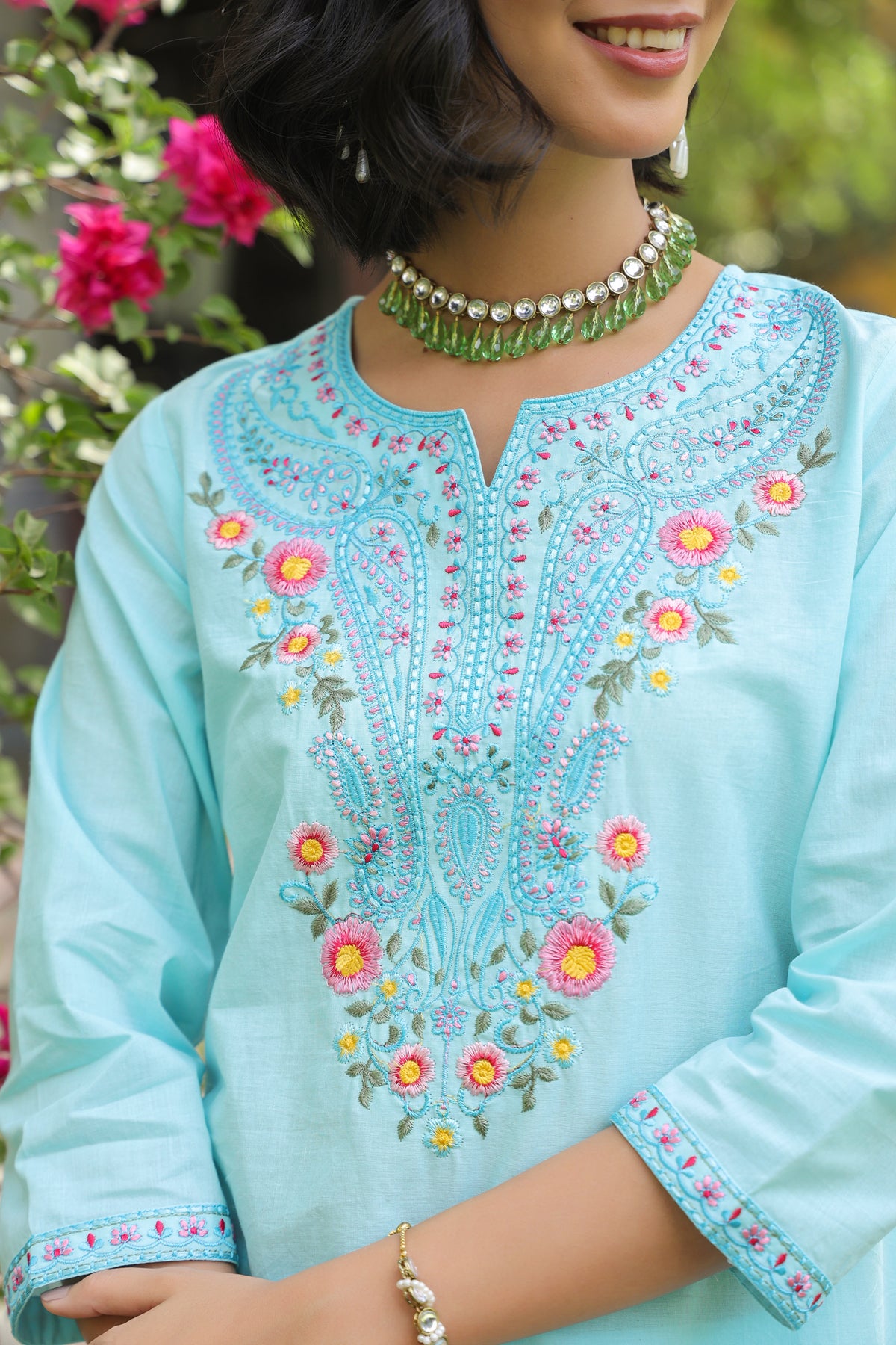 Aqua Cotton Cambric Multi-Embroidered Straight Suit Set
