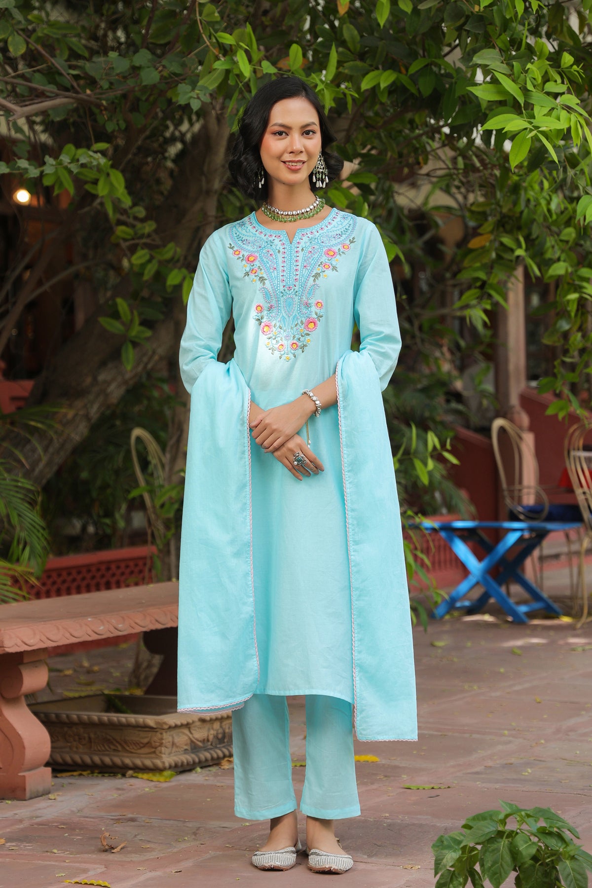 Aqua Cotton Cambric Multi-Embroidered Straight Suit Set