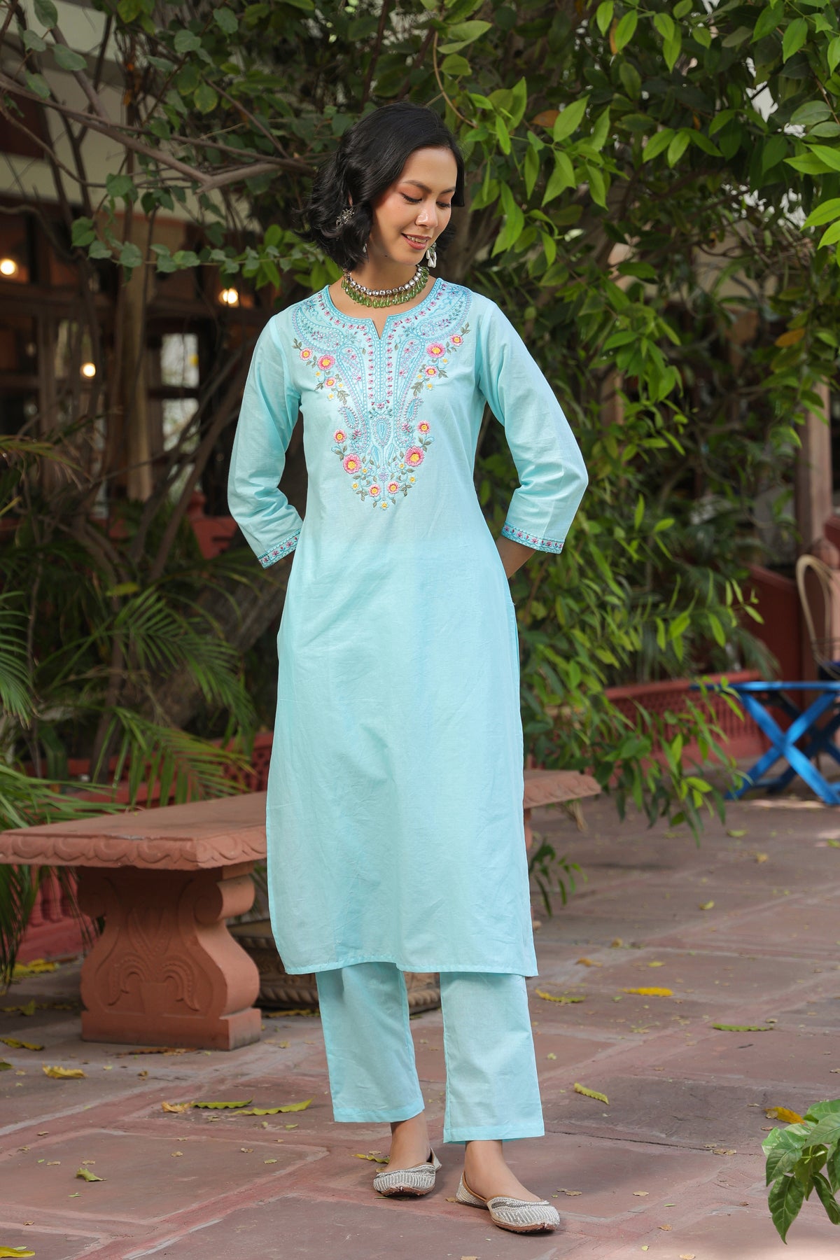 Aqua Cotton Cambric Multi-Embroidered Straight Suit Set