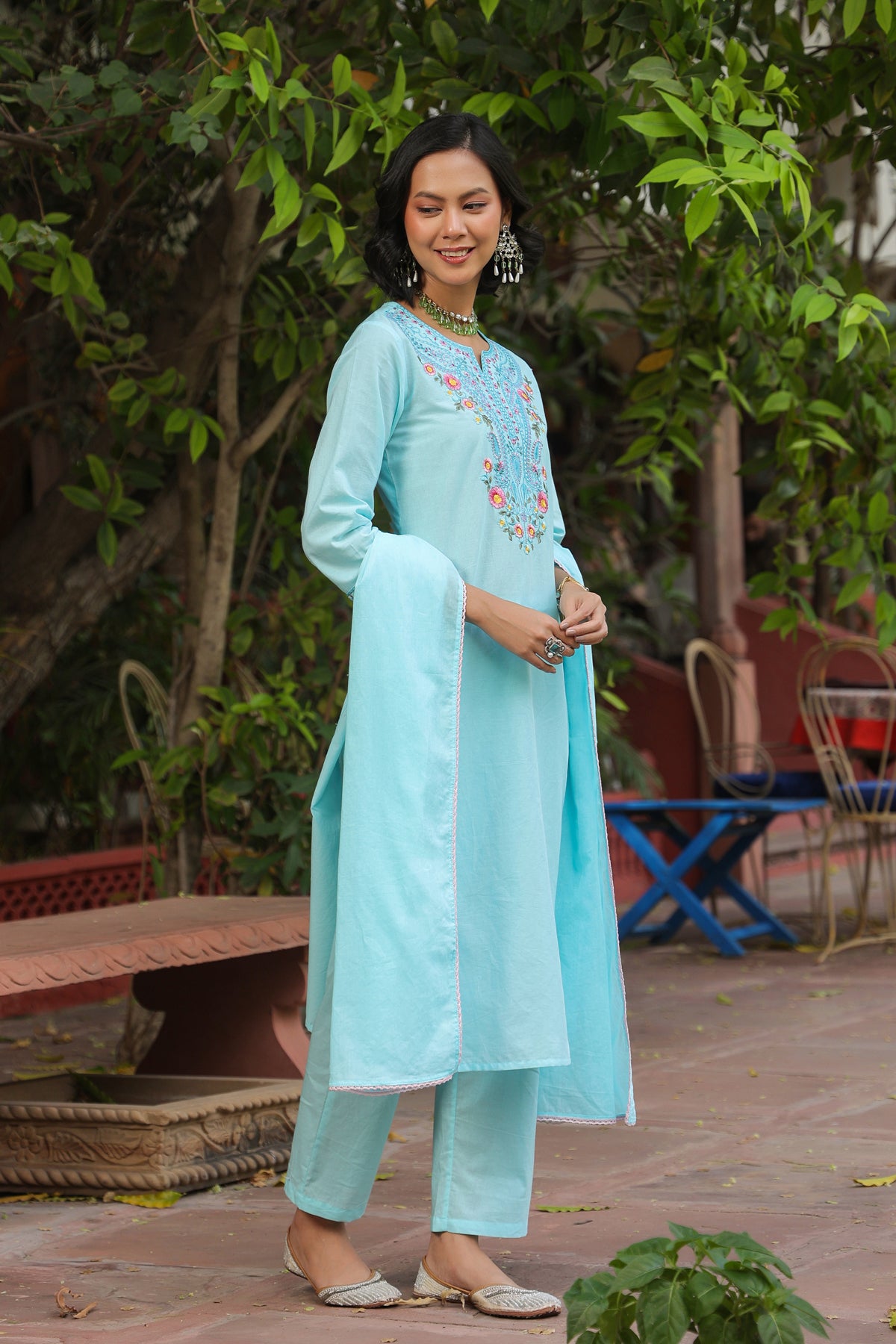 Aqua Cotton Cambric Multi-Embroidered Straight Suit Set