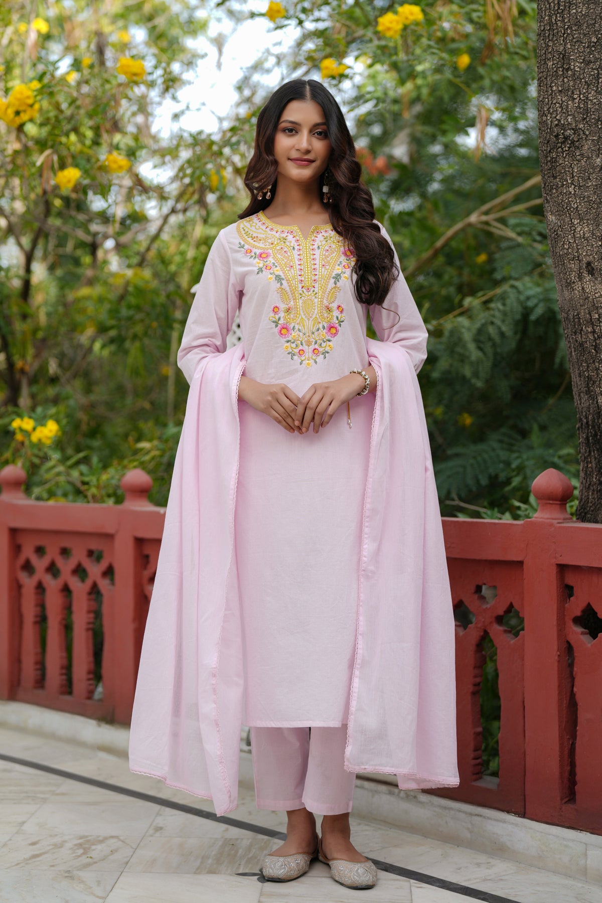 Pink Cotton Cambric Multi-Embroidered Straight Suit Set