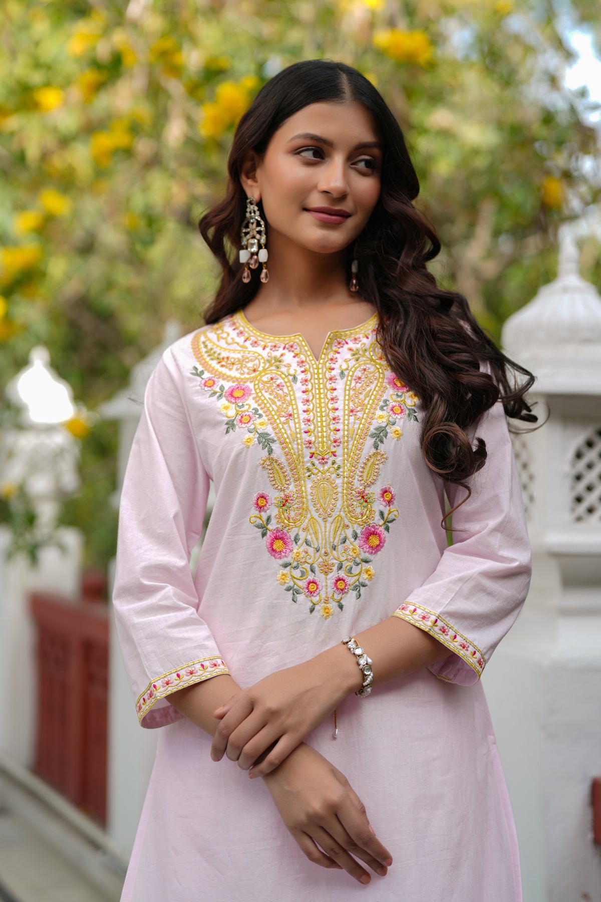 Pink Cotton Cambric Multi-Embroidered Straight Suit Set