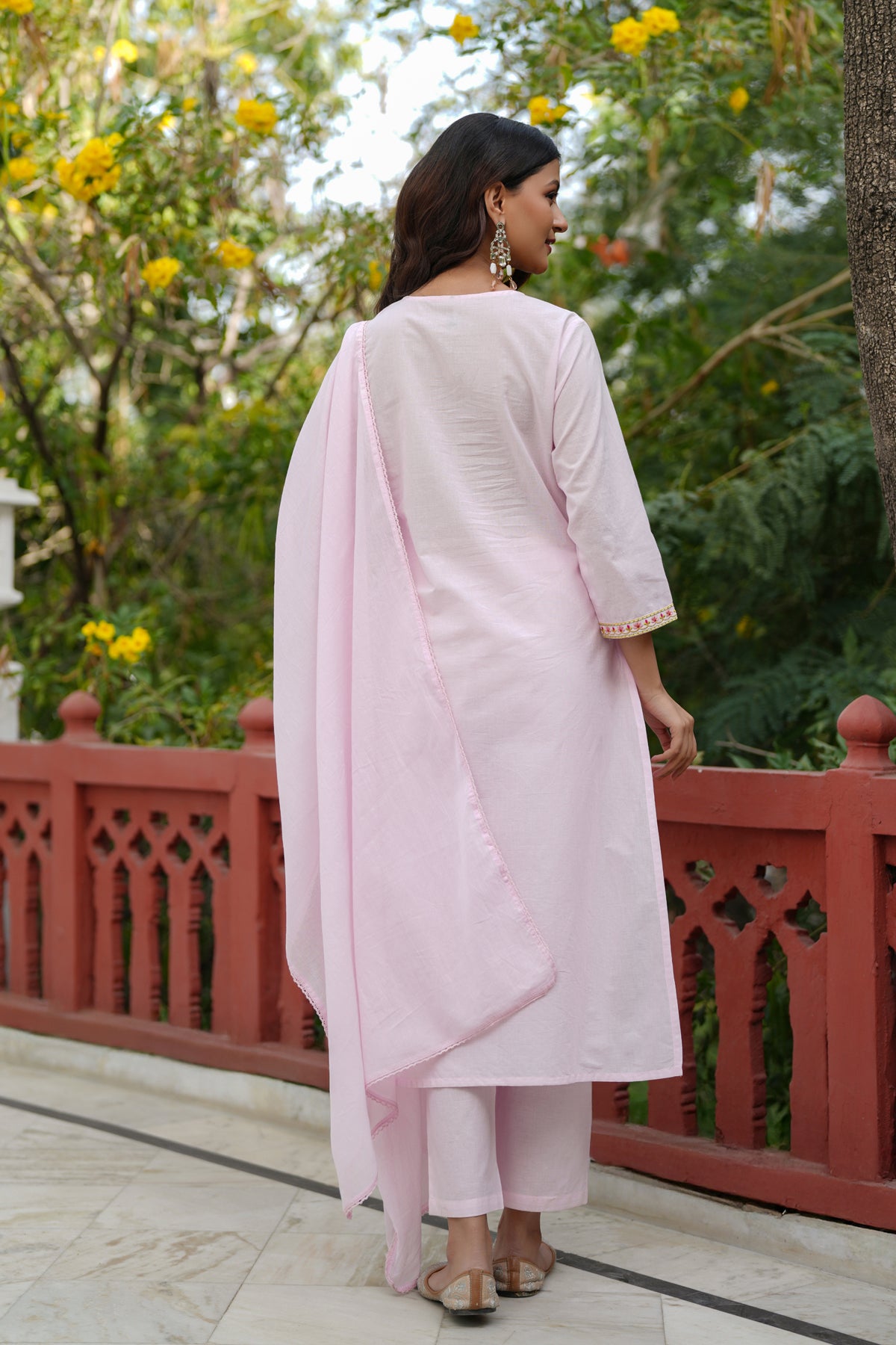 Pink Cotton Cambric Multi-Embroidered Straight Suit Set