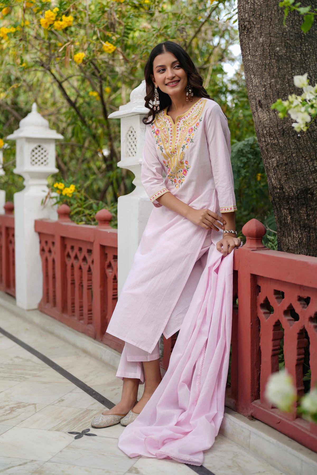 Pink Cotton Cambric Multi-Embroidered Straight Suit Set