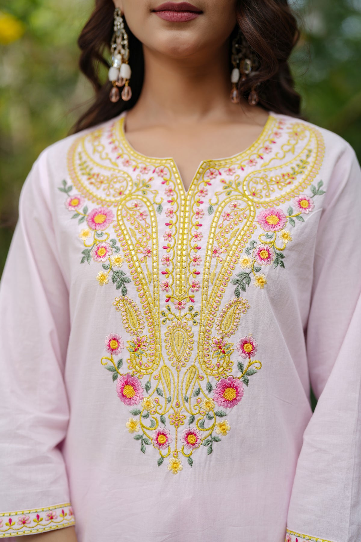 Pink Cotton Cambric Multi-Embroidered Straight Suit Set