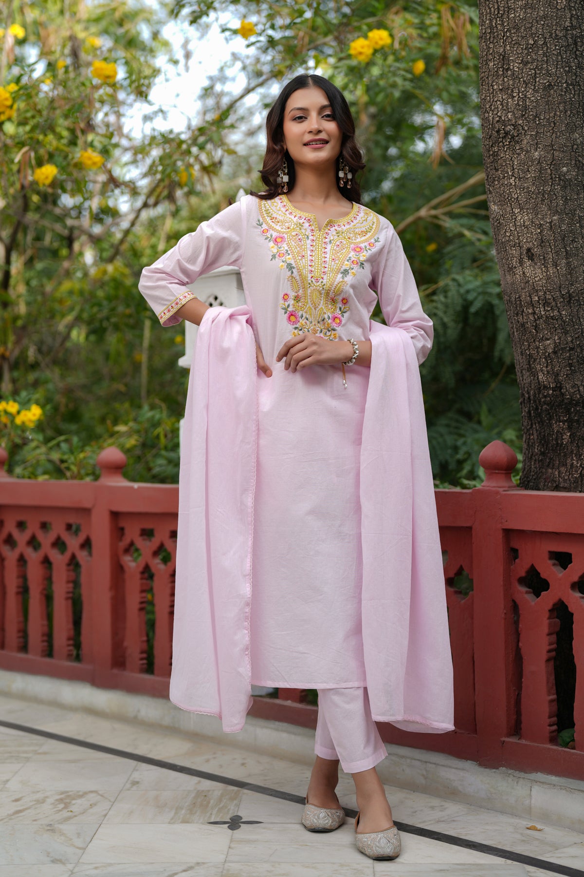 Pink Cotton Cambric Multi-Embroidered Straight Suit Set