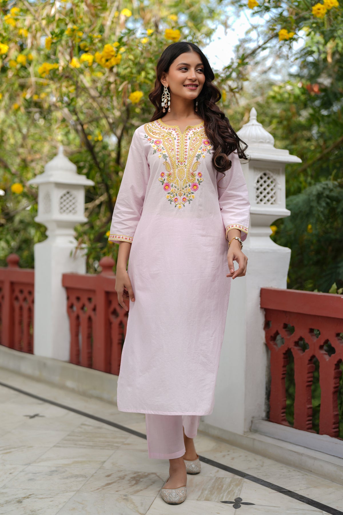 Pink Cotton Cambric Multi-Embroidered Straight Suit Set