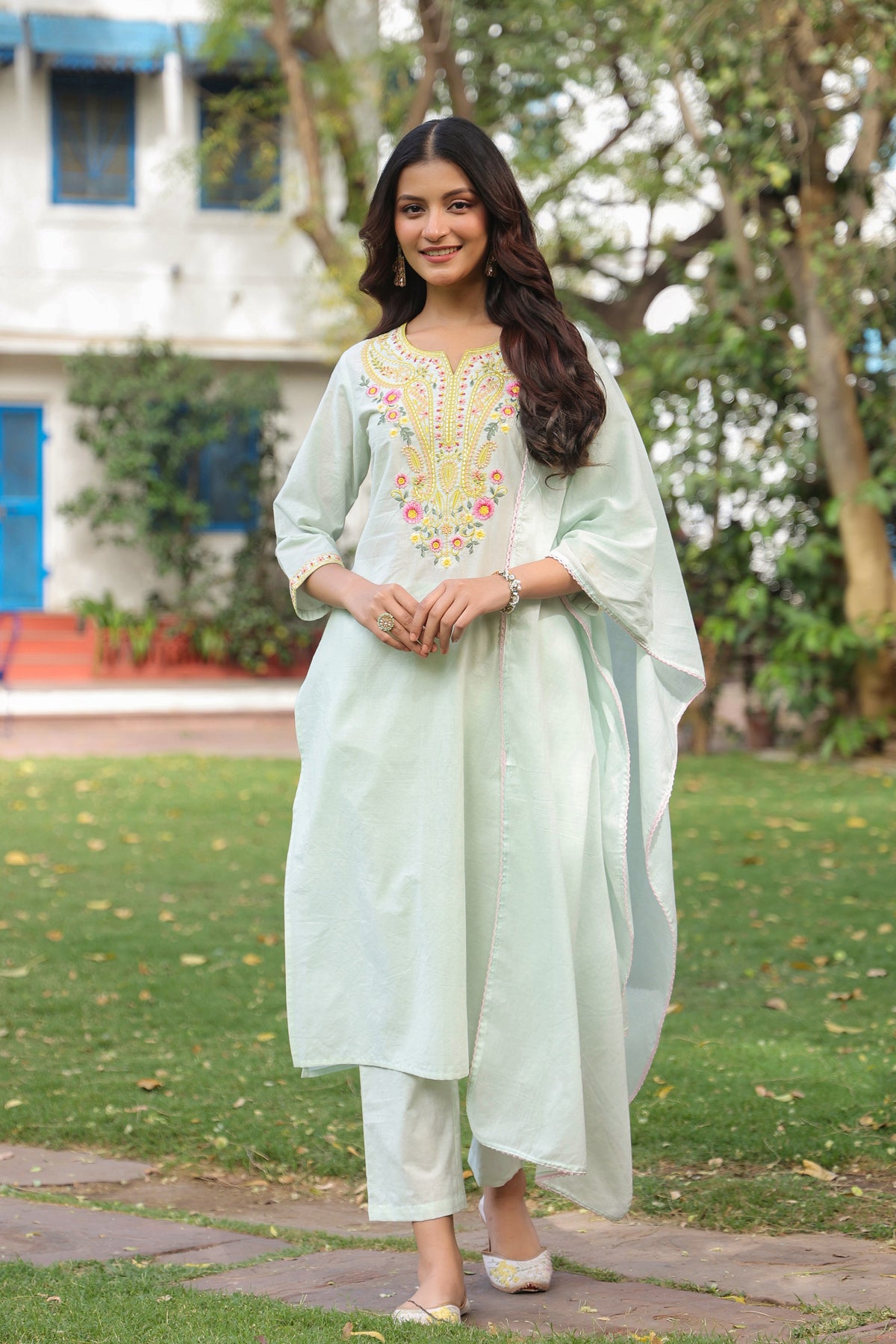 Pista Green Cotton Cambric Multi-Embroidered Straight Suit Set