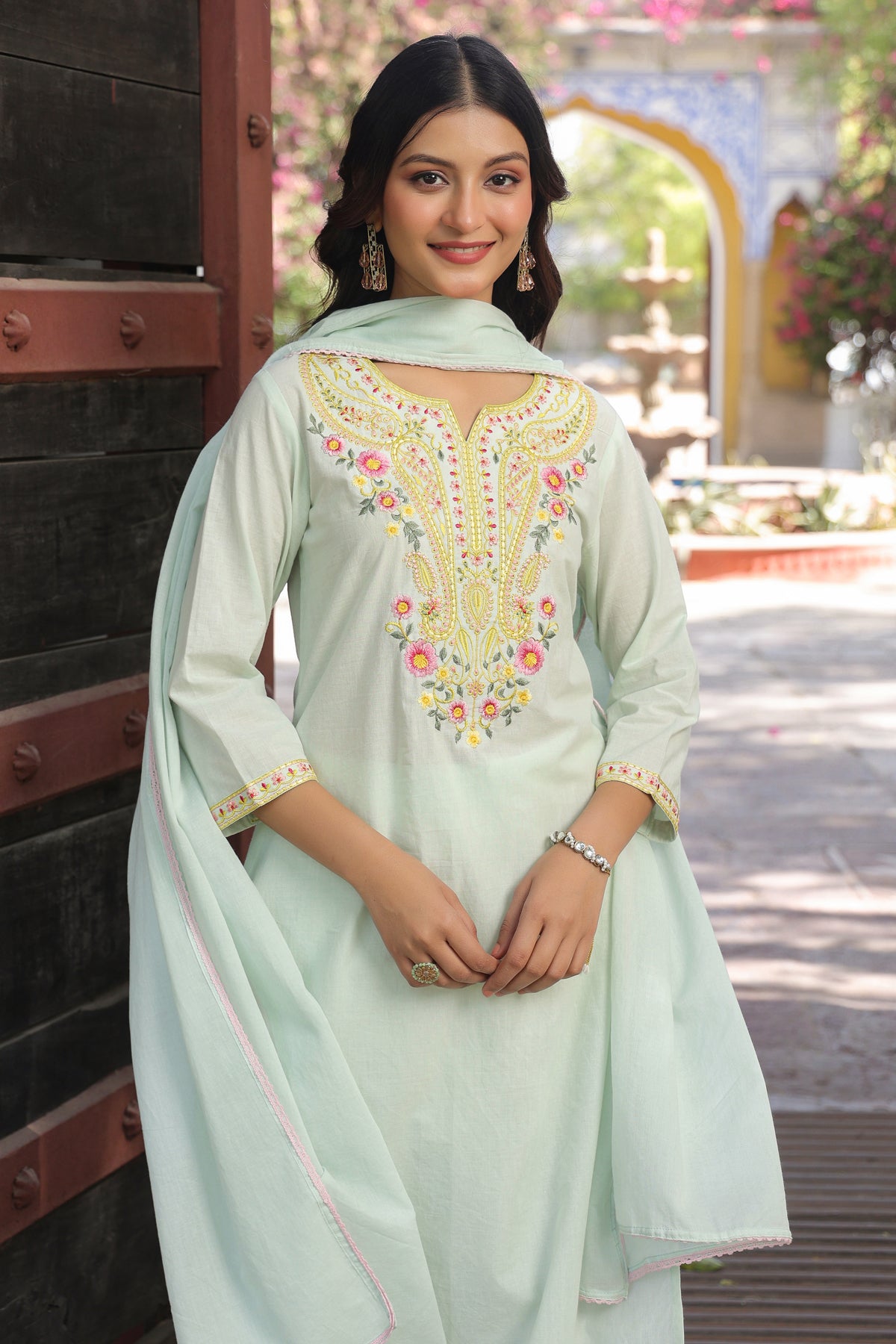 Pista Green Cotton Cambric Multi-Embroidered Straight Suit Set