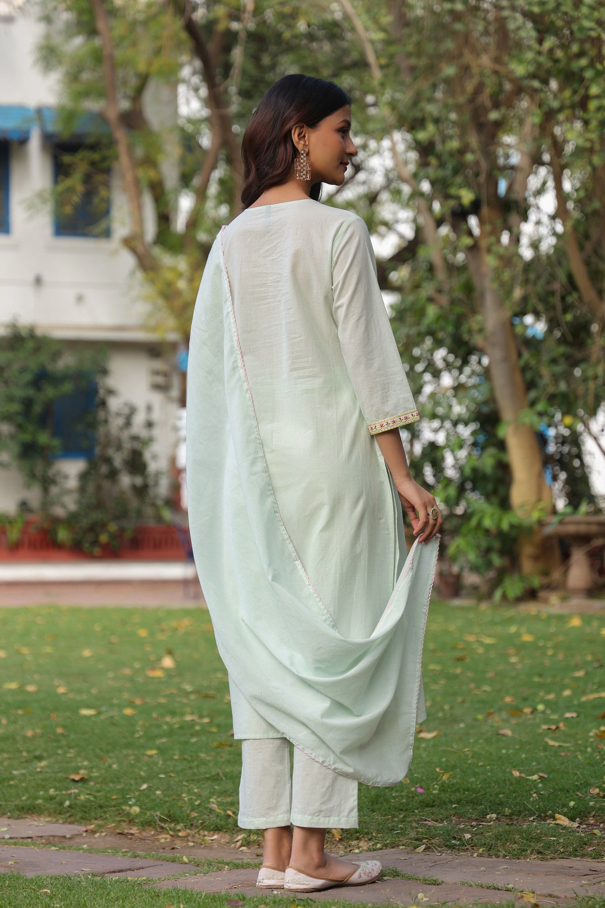 Pista Green Cotton Cambric Multi-Embroidered Straight Suit Set