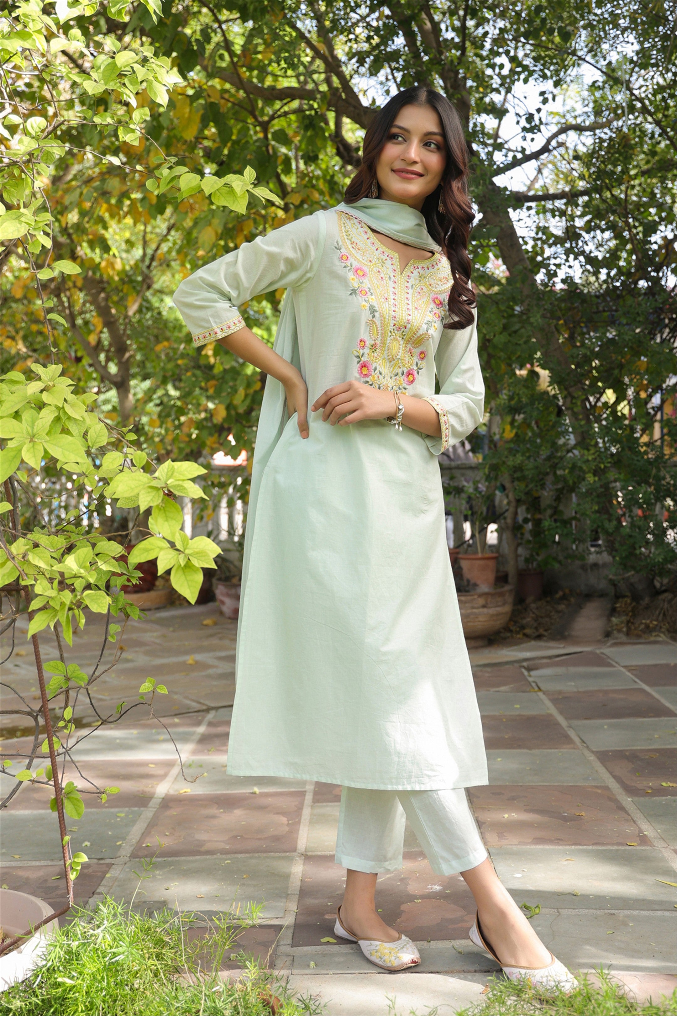 Pista Green Cotton Cambric Multi-Embroidered Straight Suit Set