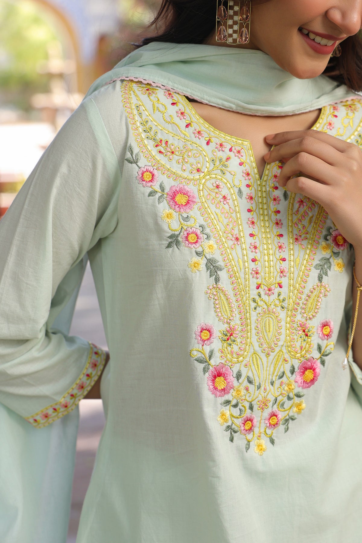 Pista Green Cotton Cambric Multi-Embroidered Straight Suit Set