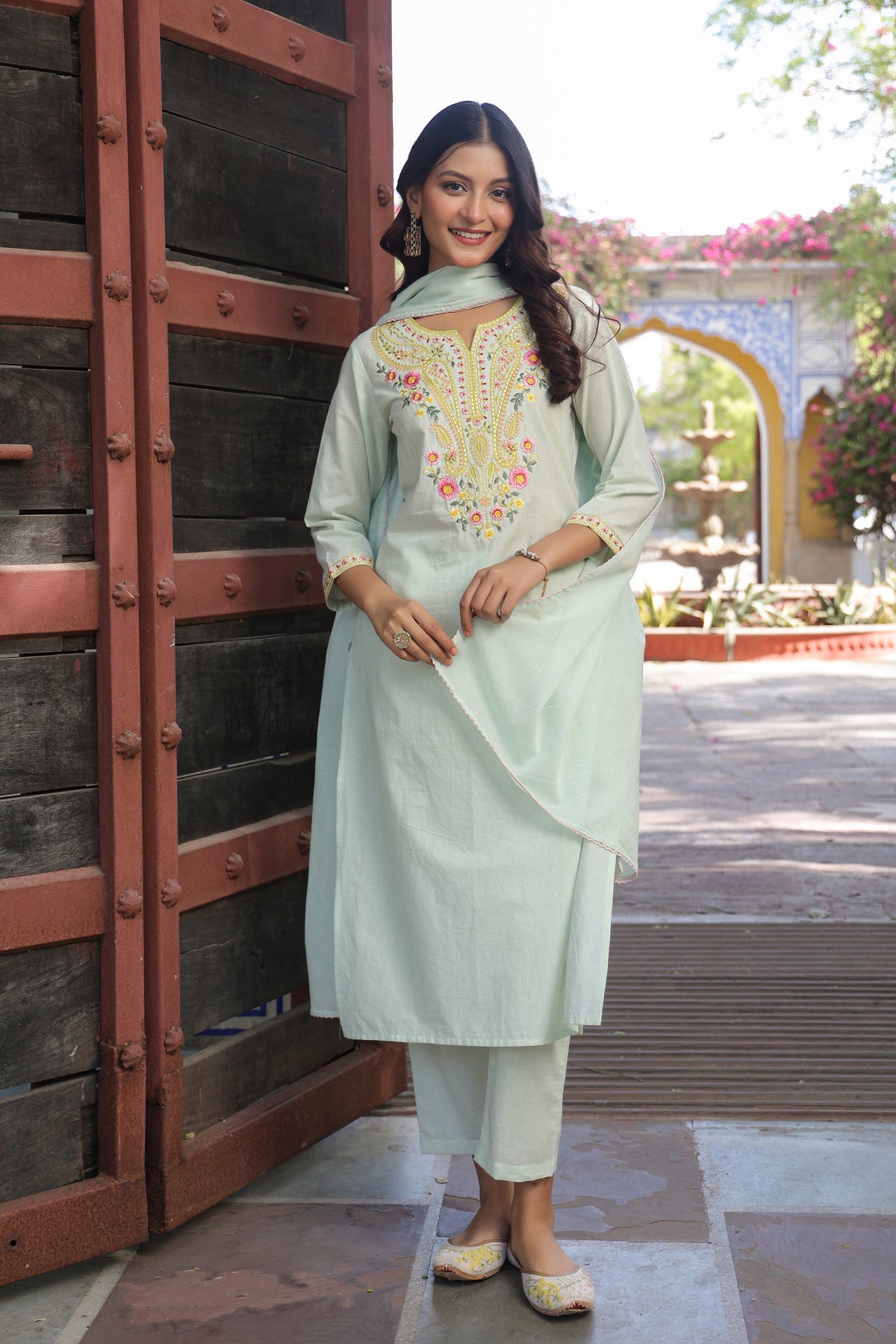 Pista Green Cotton Cambric Multi-Embroidered Straight Suit Set