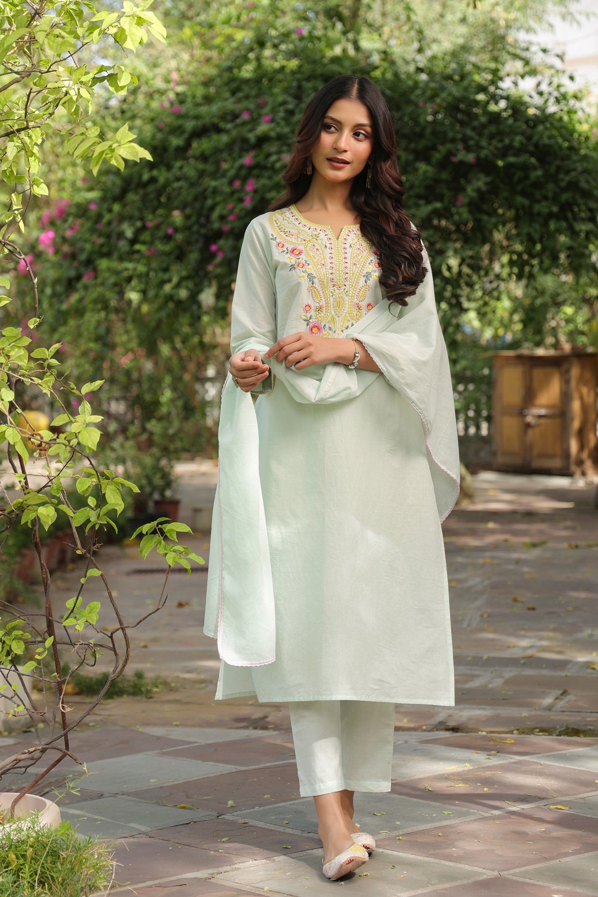 Pista Green Cotton Cambric Multi-Embroidered Straight Suit Set