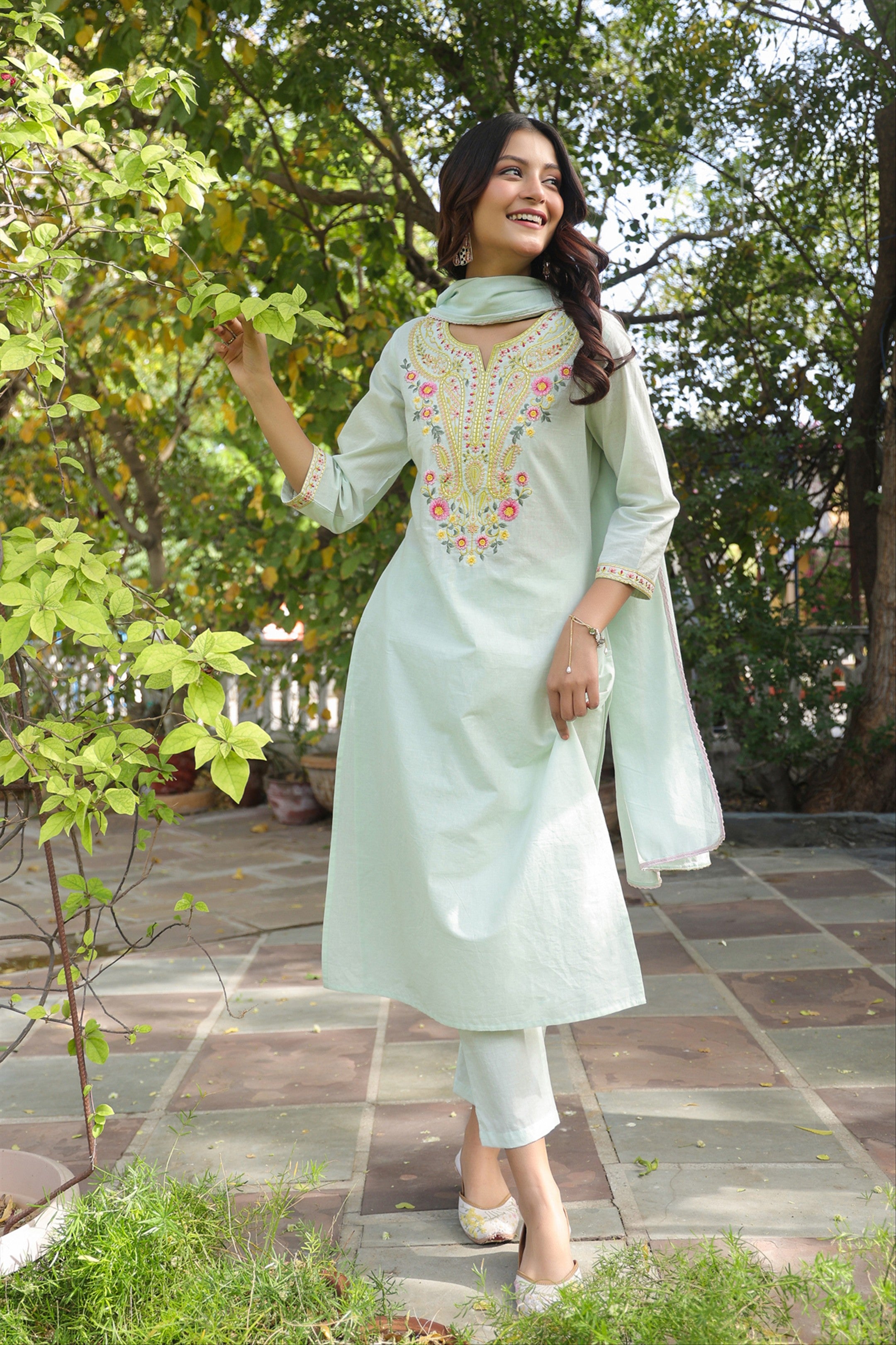 Pista Green Cotton Cambric Multi-Embroidered Straight Suit Set