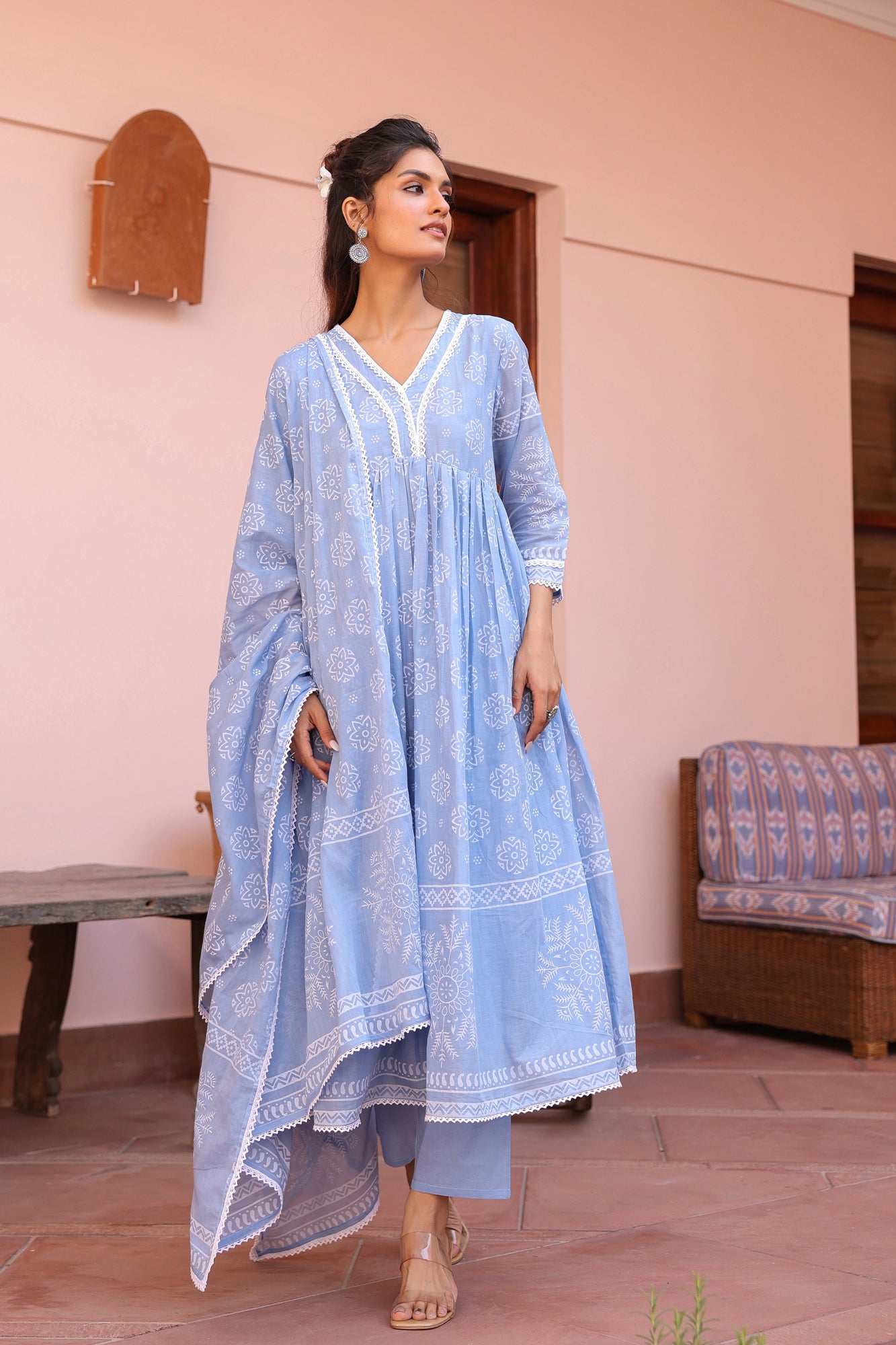 Blue Cotton Mulmul Khari Printed Gathered Anarkali Set
