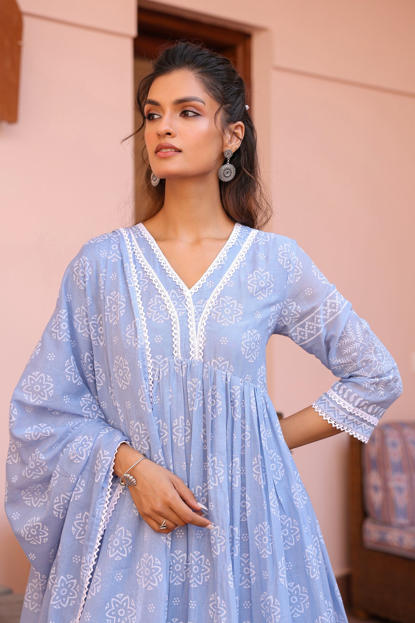 Blue Cotton Mulmul Khari Printed Gathered Anarkali Set