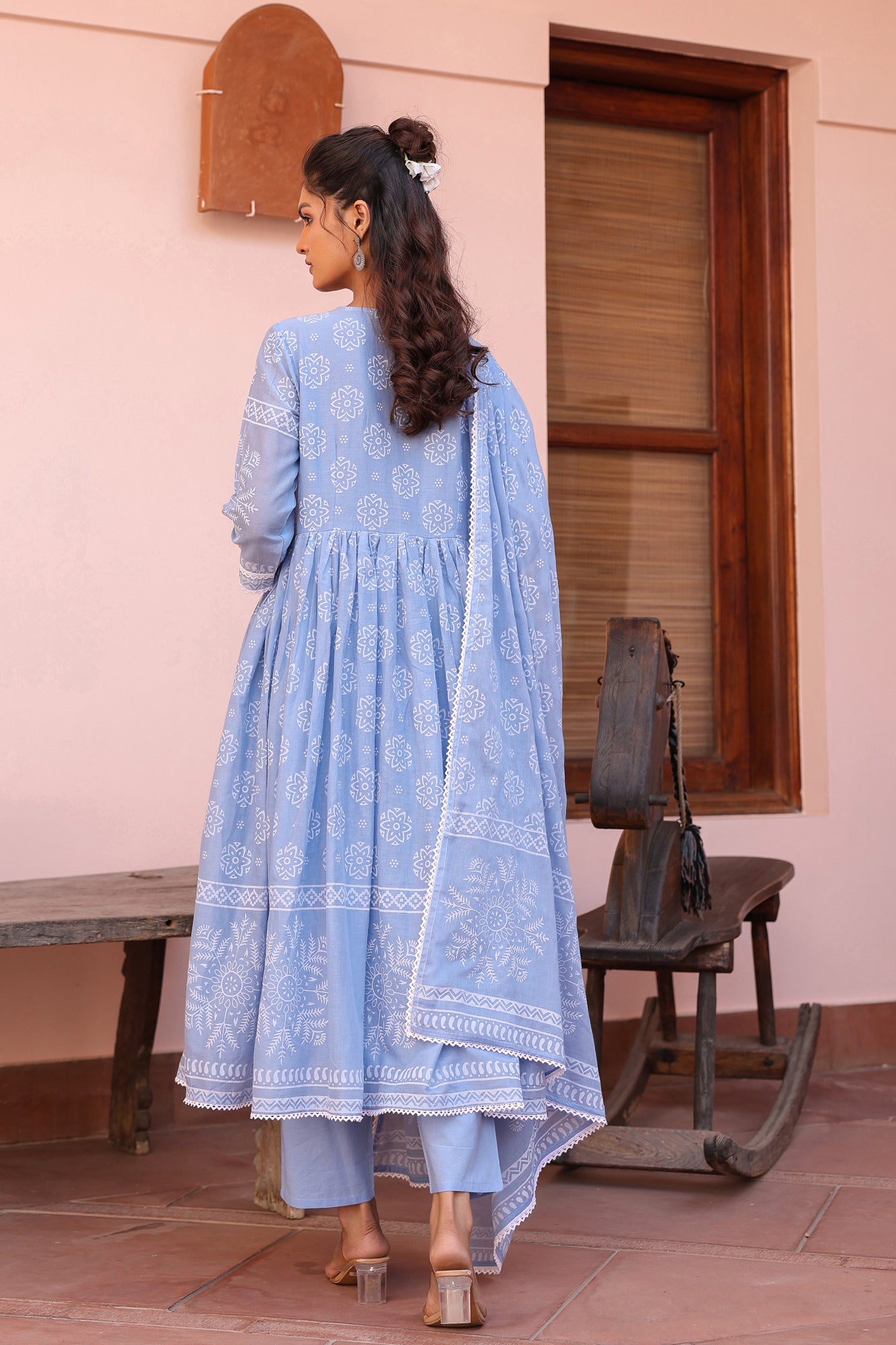 Blue Cotton Mulmul Khari Printed Gathered Anarkali Set