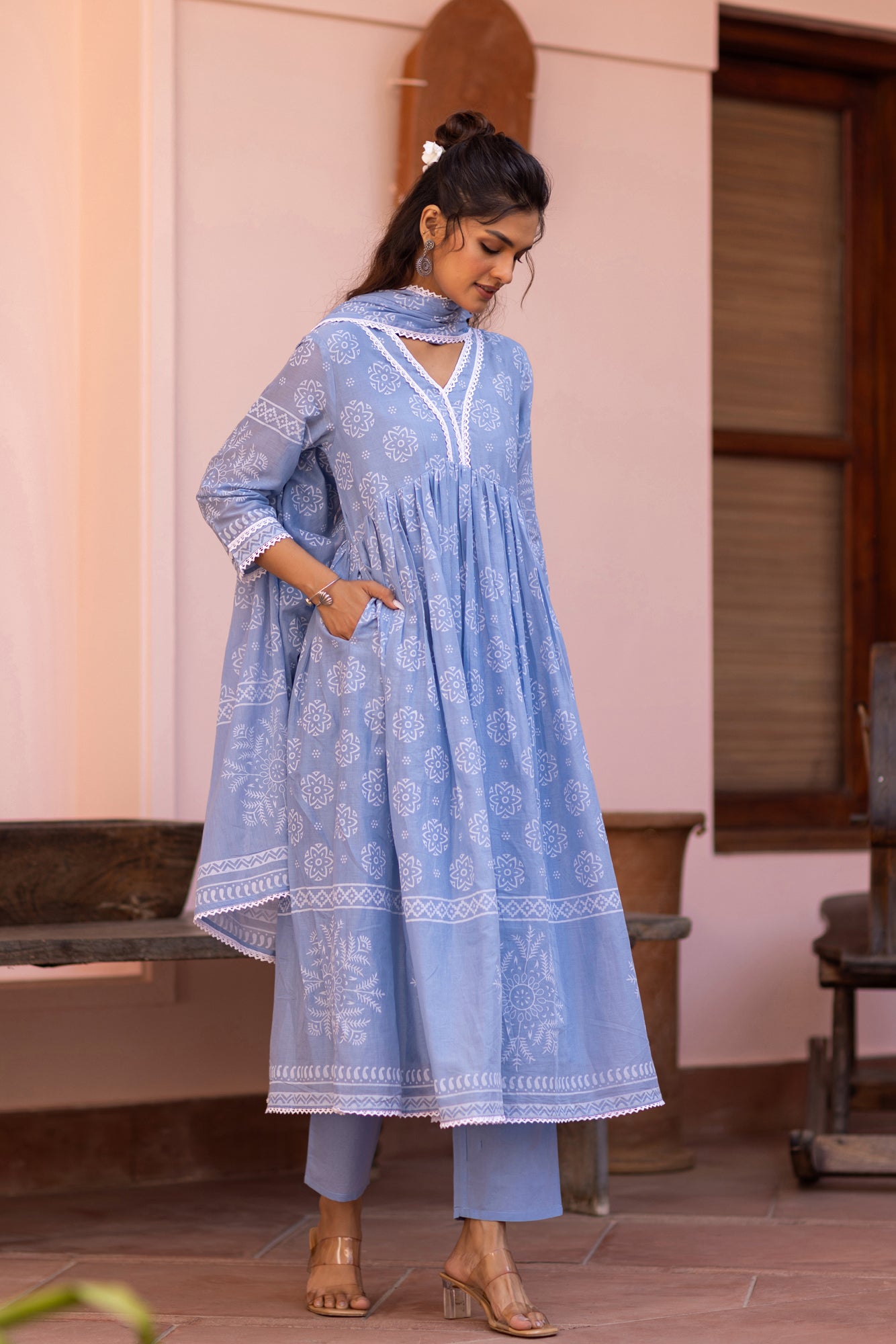 Blue Cotton Mulmul Khari Printed Gathered Anarkali Set