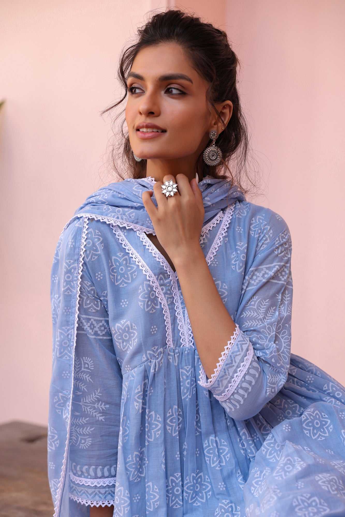 Blue Cotton Mulmul Khari Printed Gathered Anarkali Set