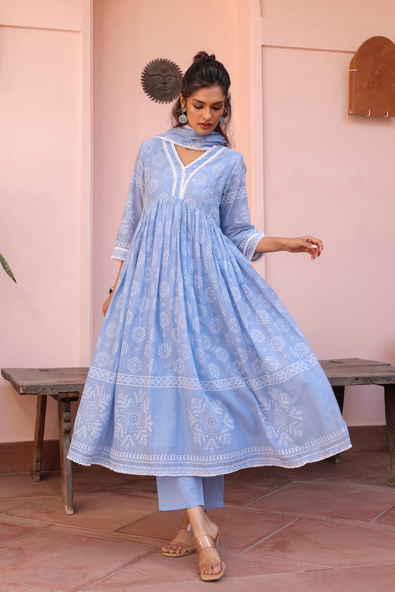 Blue Cotton Mulmul Khari Printed Gathered Anarkali Set