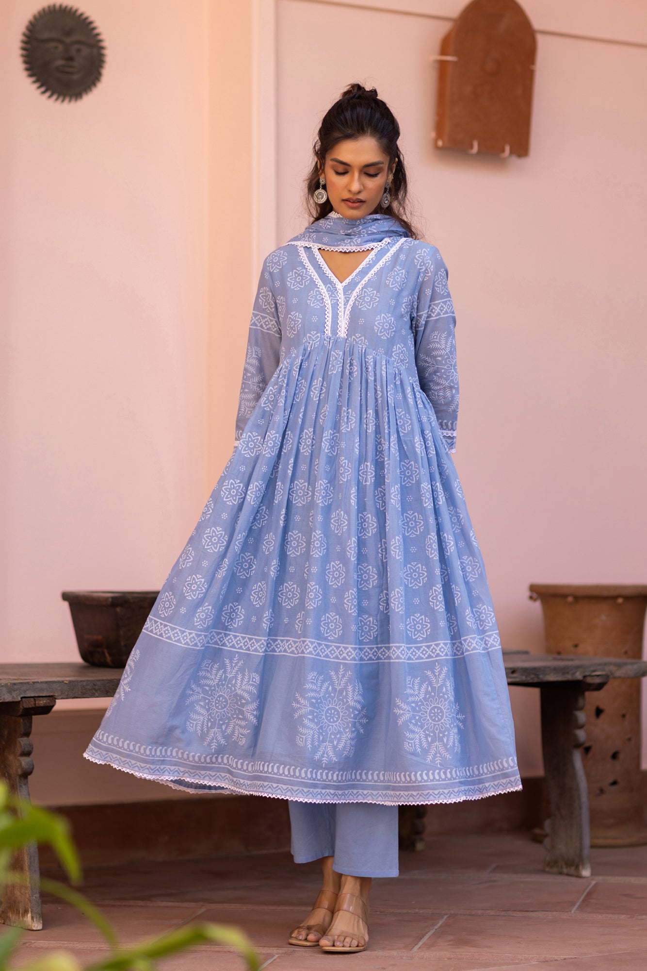 Blue Cotton Mulmul Khari Printed Gathered Anarkali Set