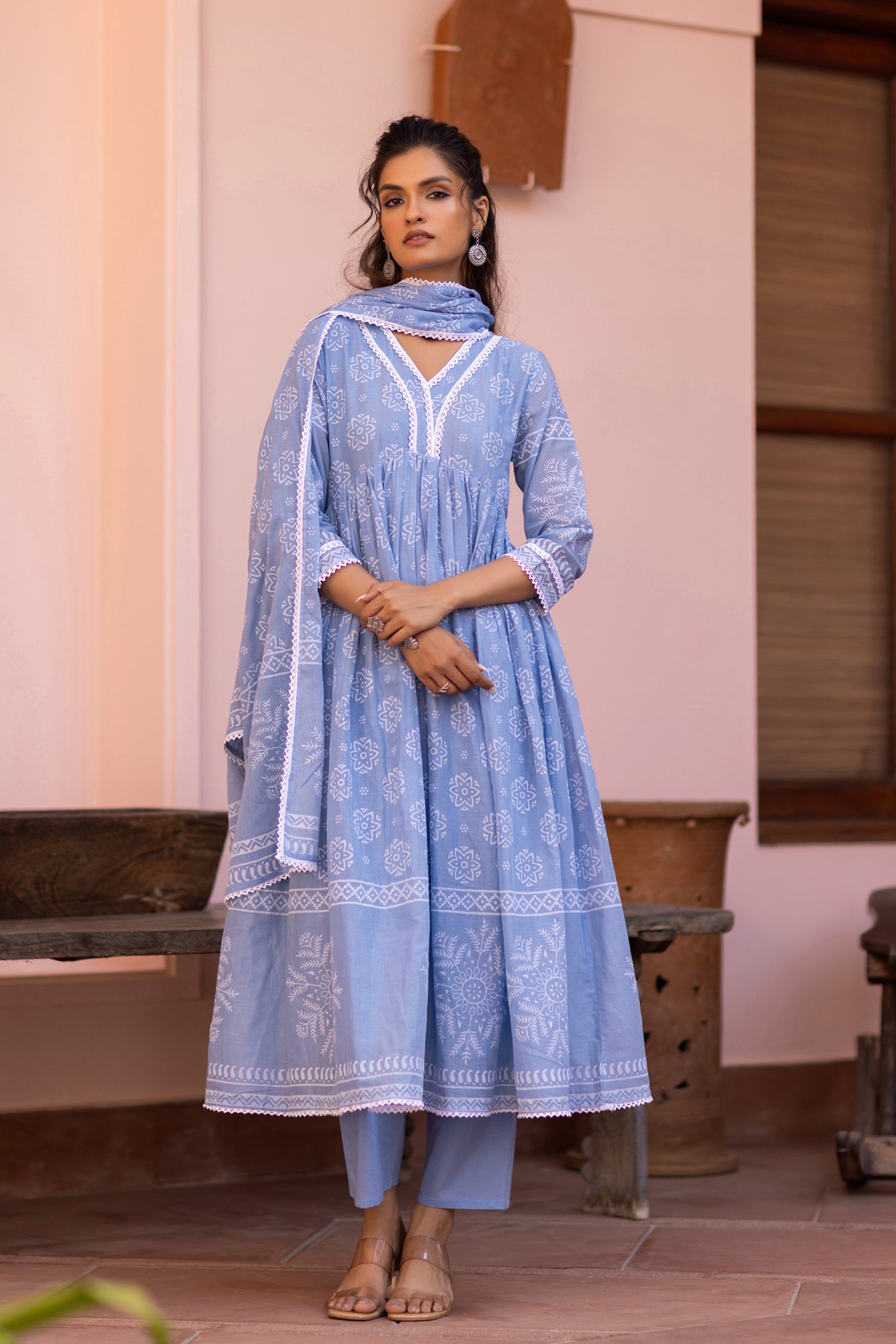 Blue Cotton Mulmul Khari Printed Gathered Anarkali Set