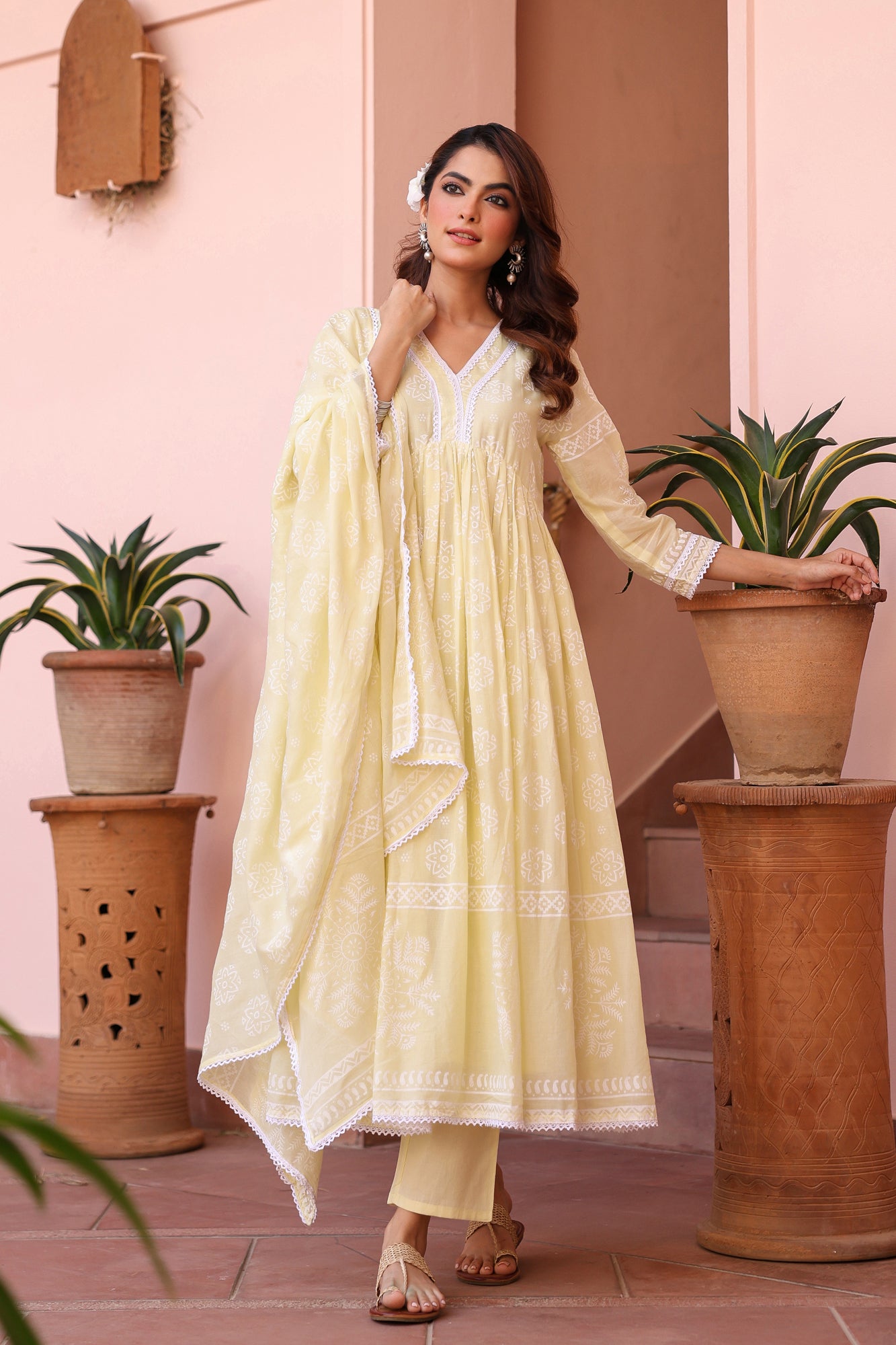 Lime Green Cotton Mulmul Khari Printed Gathered Anarkali Set