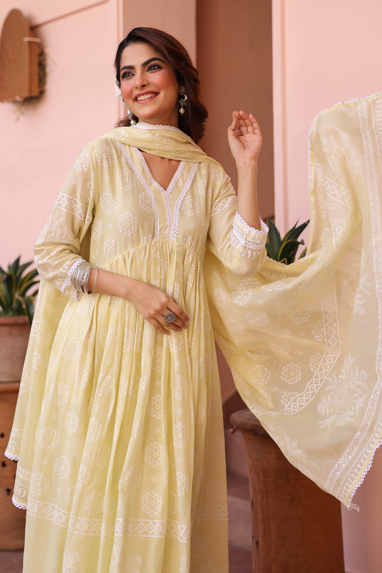 Lime Green Cotton Mulmul Khari Printed Gathered Anarkali Set