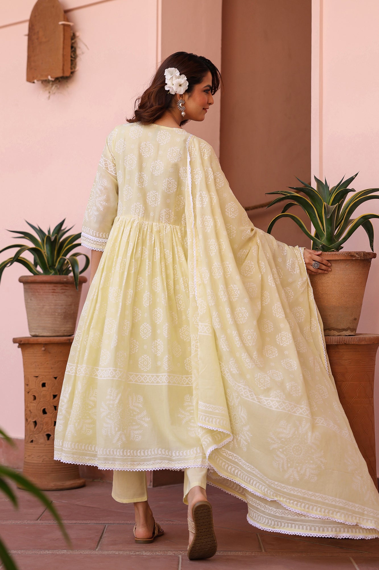Lime Green Cotton Mulmul Khari Printed Gathered Anarkali Set