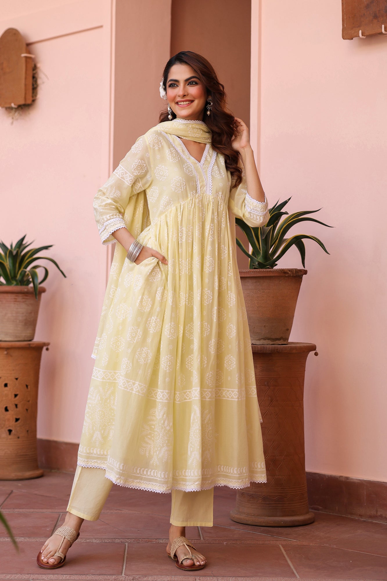Lime Green Cotton Mulmul Khari Printed Gathered Anarkali Set