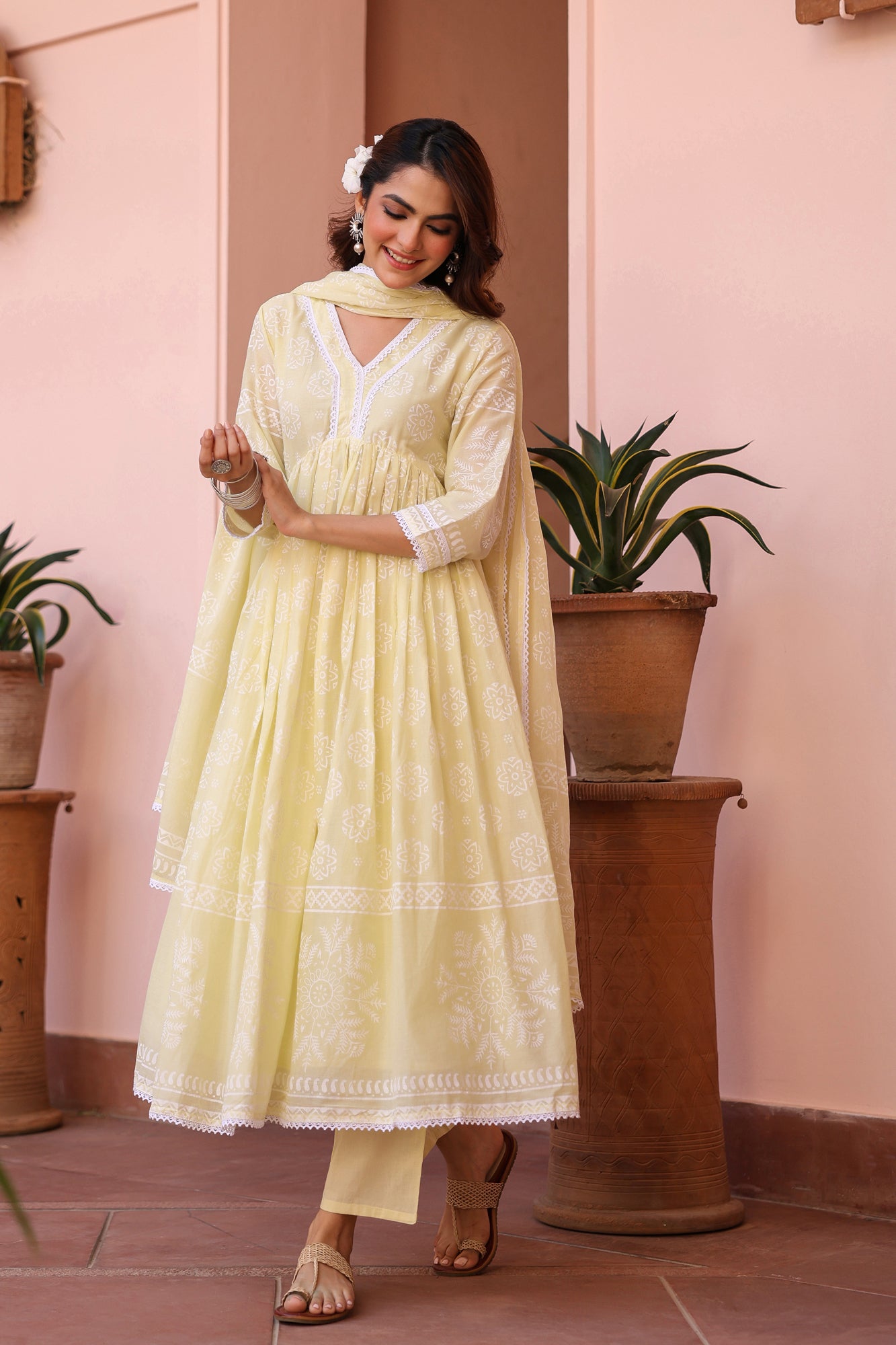 Lime Green Cotton Mulmul Khari Printed Gathered Anarkali Set