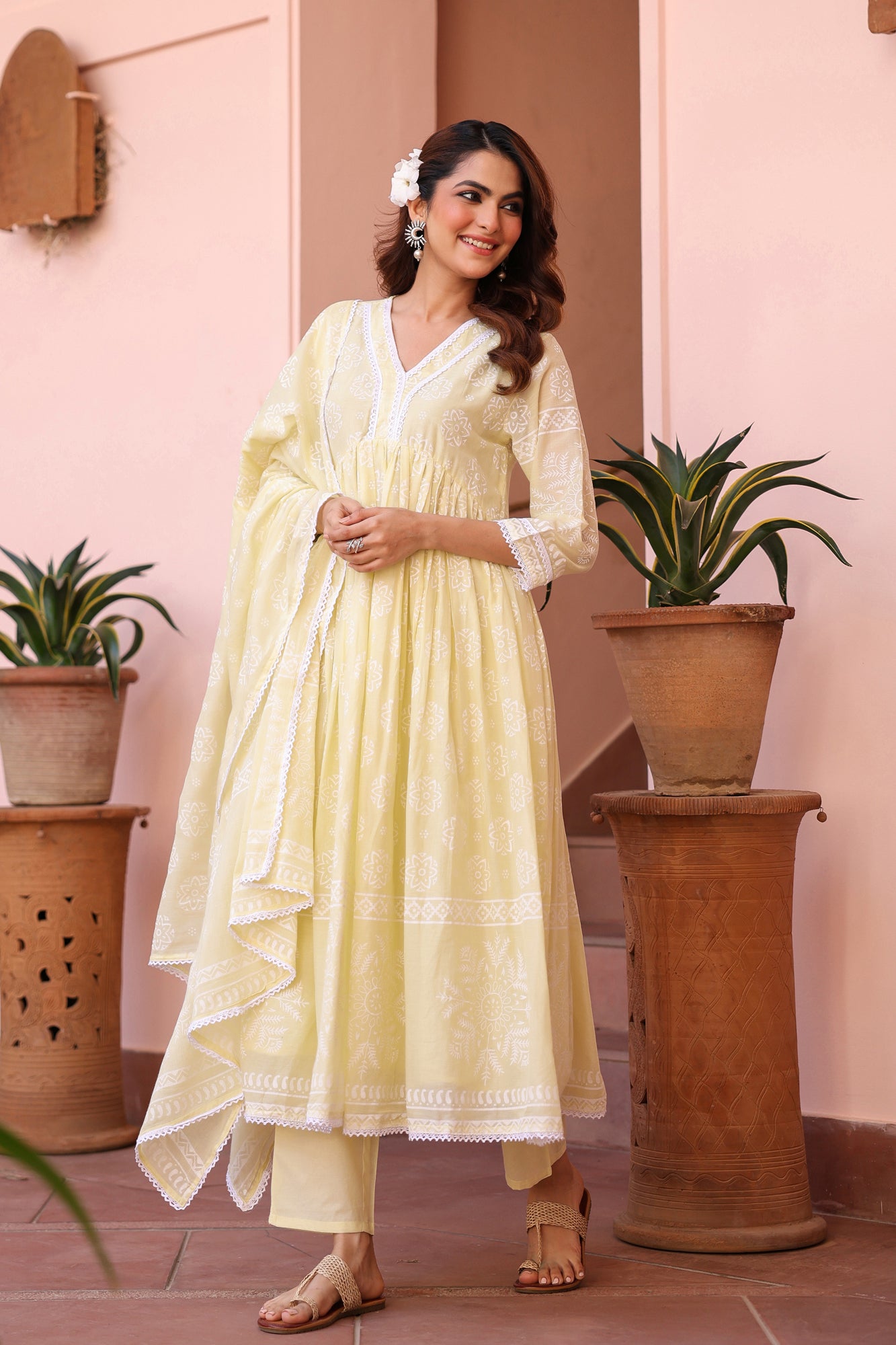 Lime Green Cotton Mulmul Khari Printed Gathered Anarkali Set