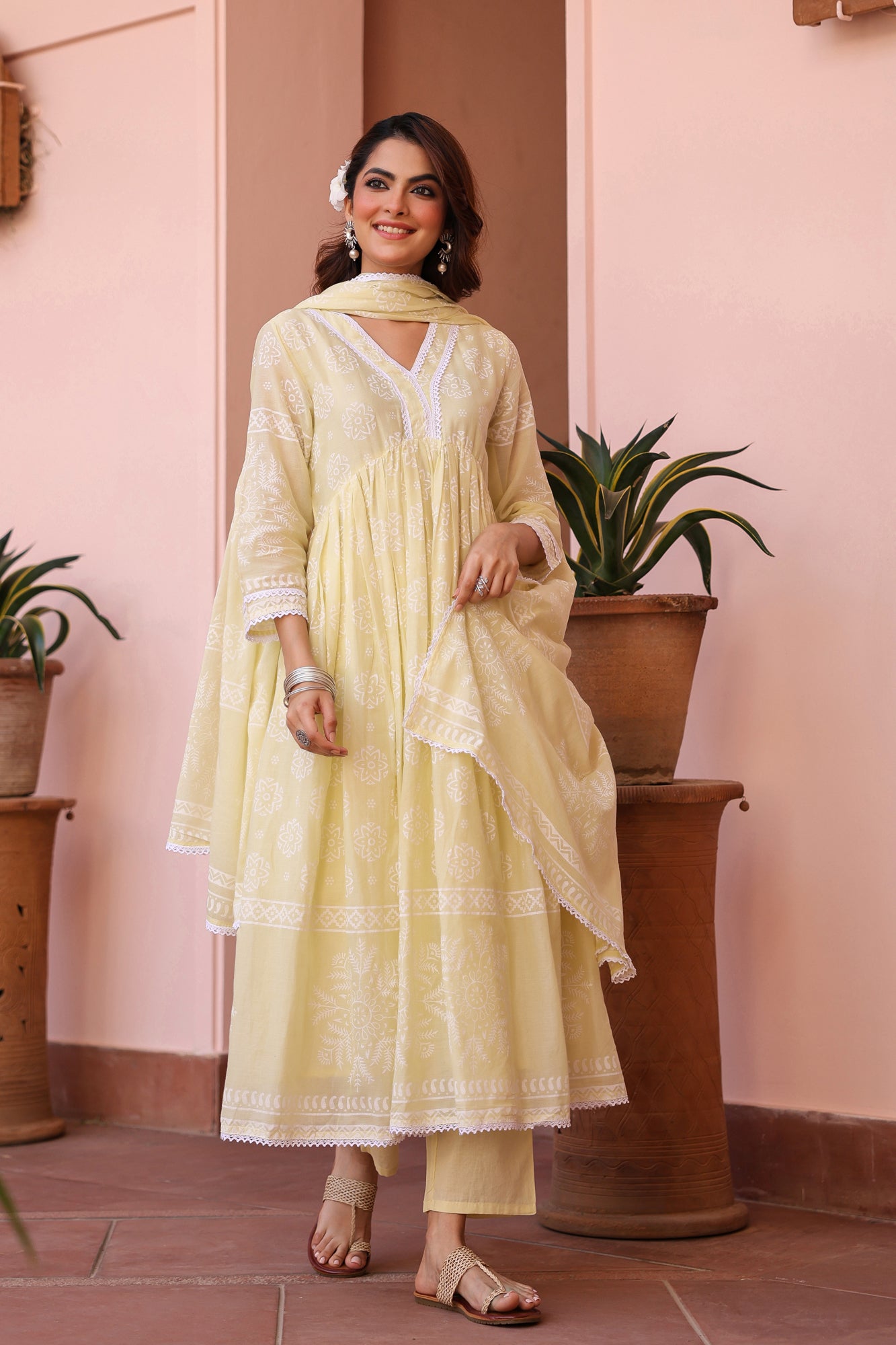 Lime Green Cotton Mulmul Khari Printed Gathered Anarkali Set