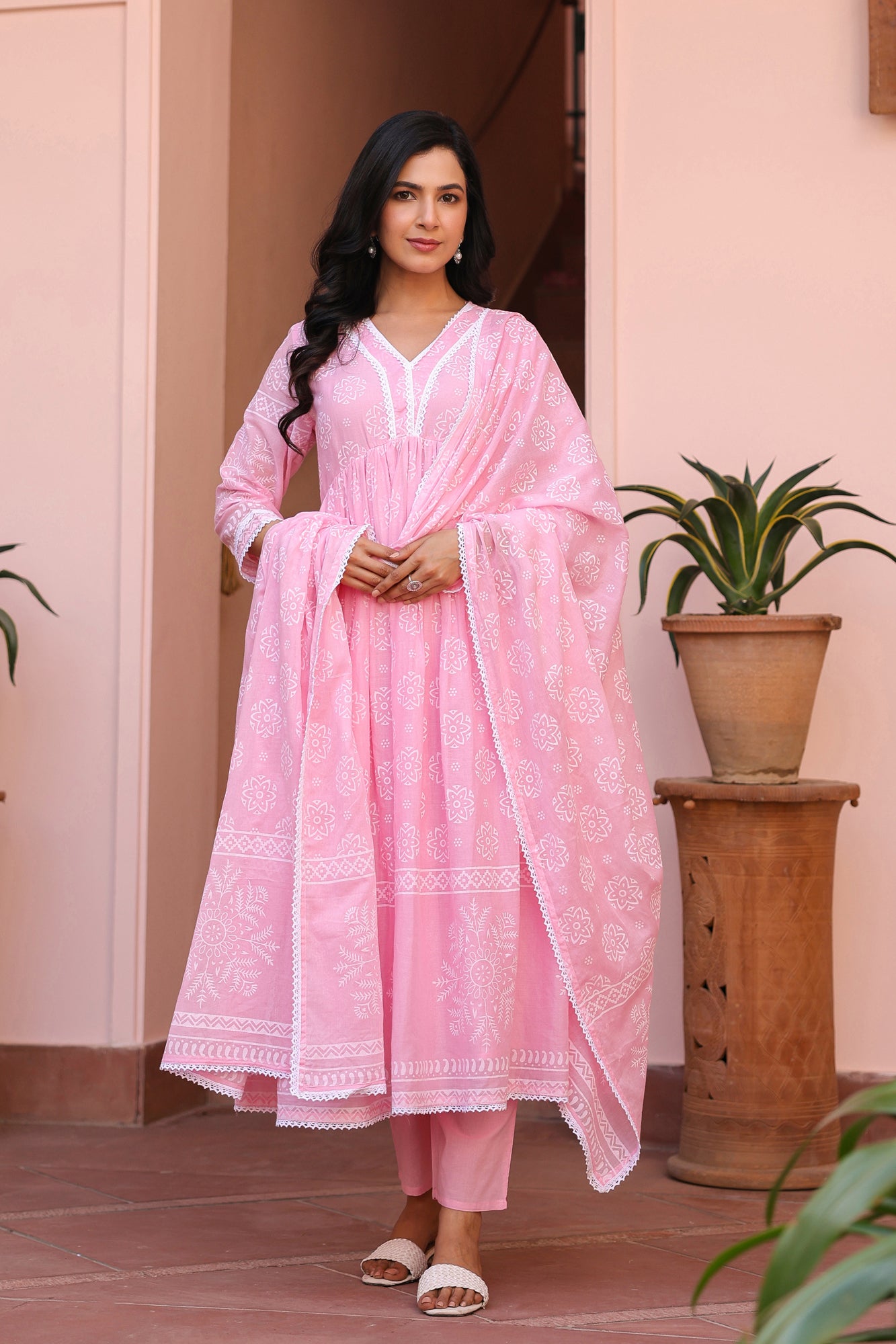 Pink Cotton Mulmul Khari Printed Gathered Anarkali Set