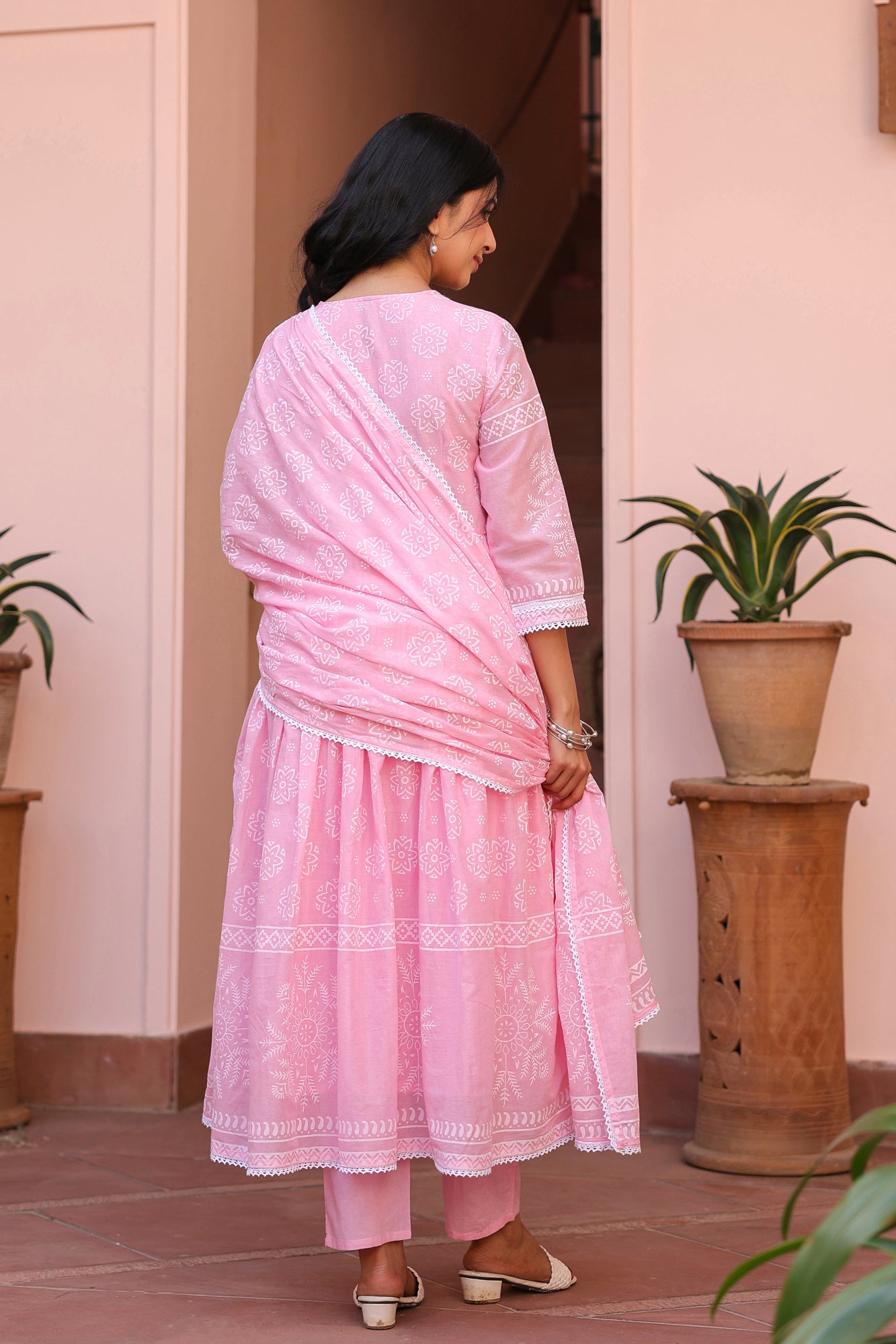Pink Cotton Mulmul Khari Printed Gathered Anarkali Set