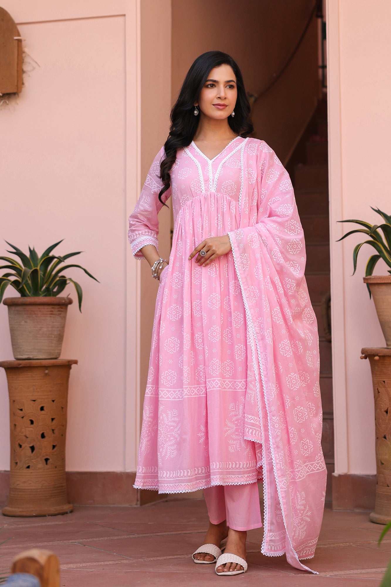 Pink Cotton Mulmul Khari Printed Gathered Anarkali Set