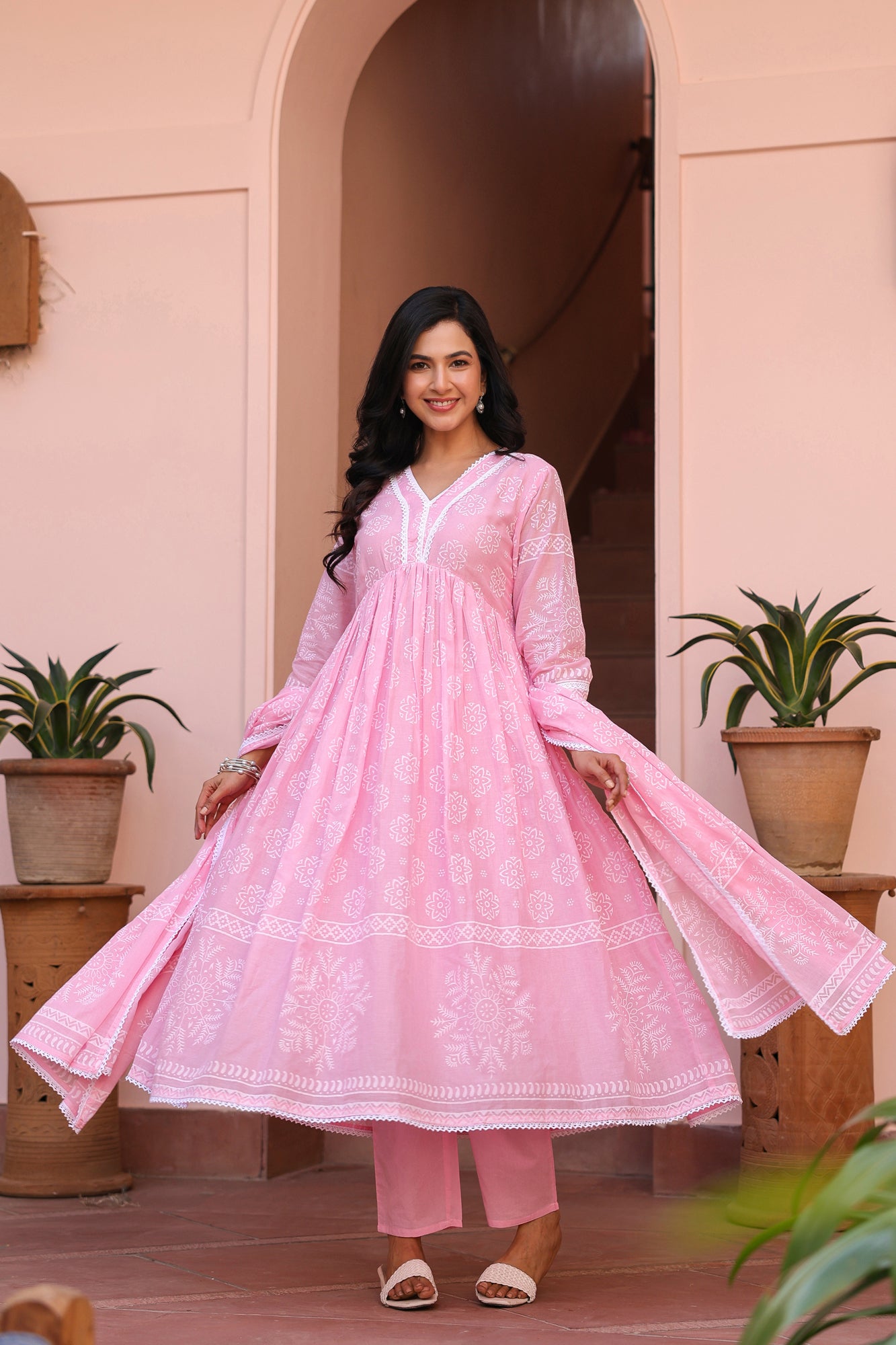 Pink Cotton Mulmul Khari Printed Gathered Anarkali Set