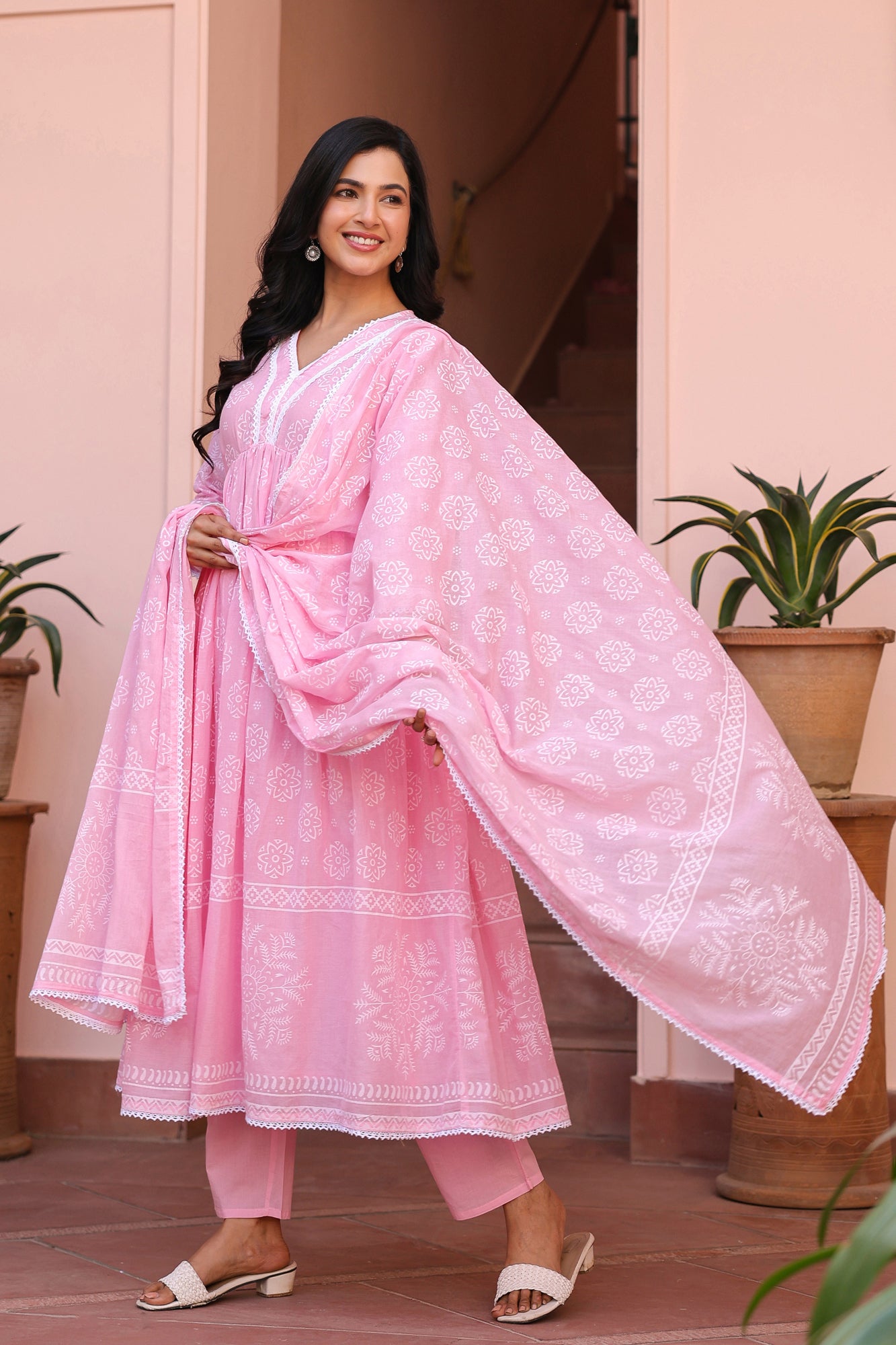 Pink Cotton Mulmul Khari Printed Gathered Anarkali Set